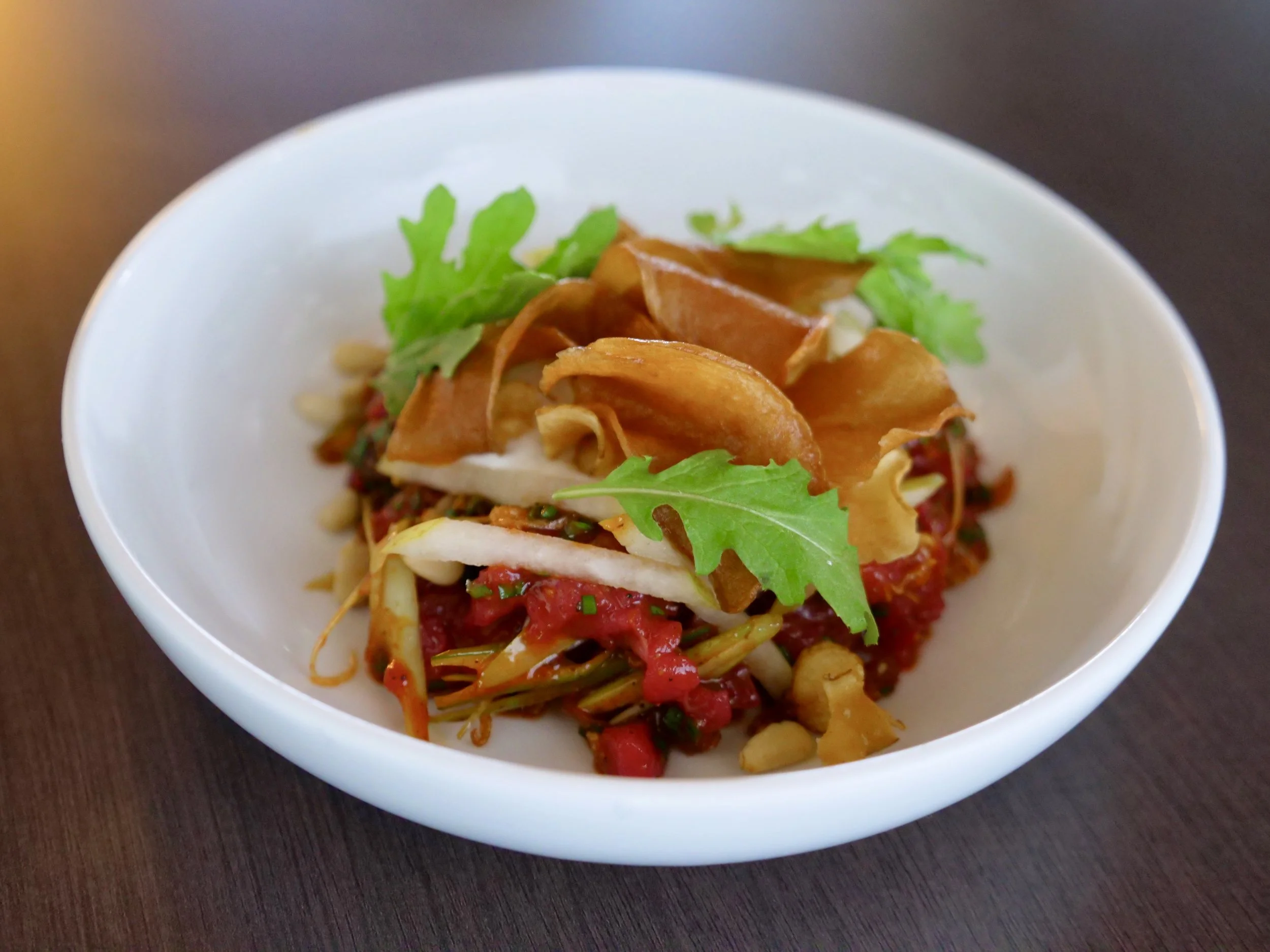SPICY BEEF TARTARE, JERUSALEM ARTICHOKE, PUREE, WASABI MUSTARD LEAF.