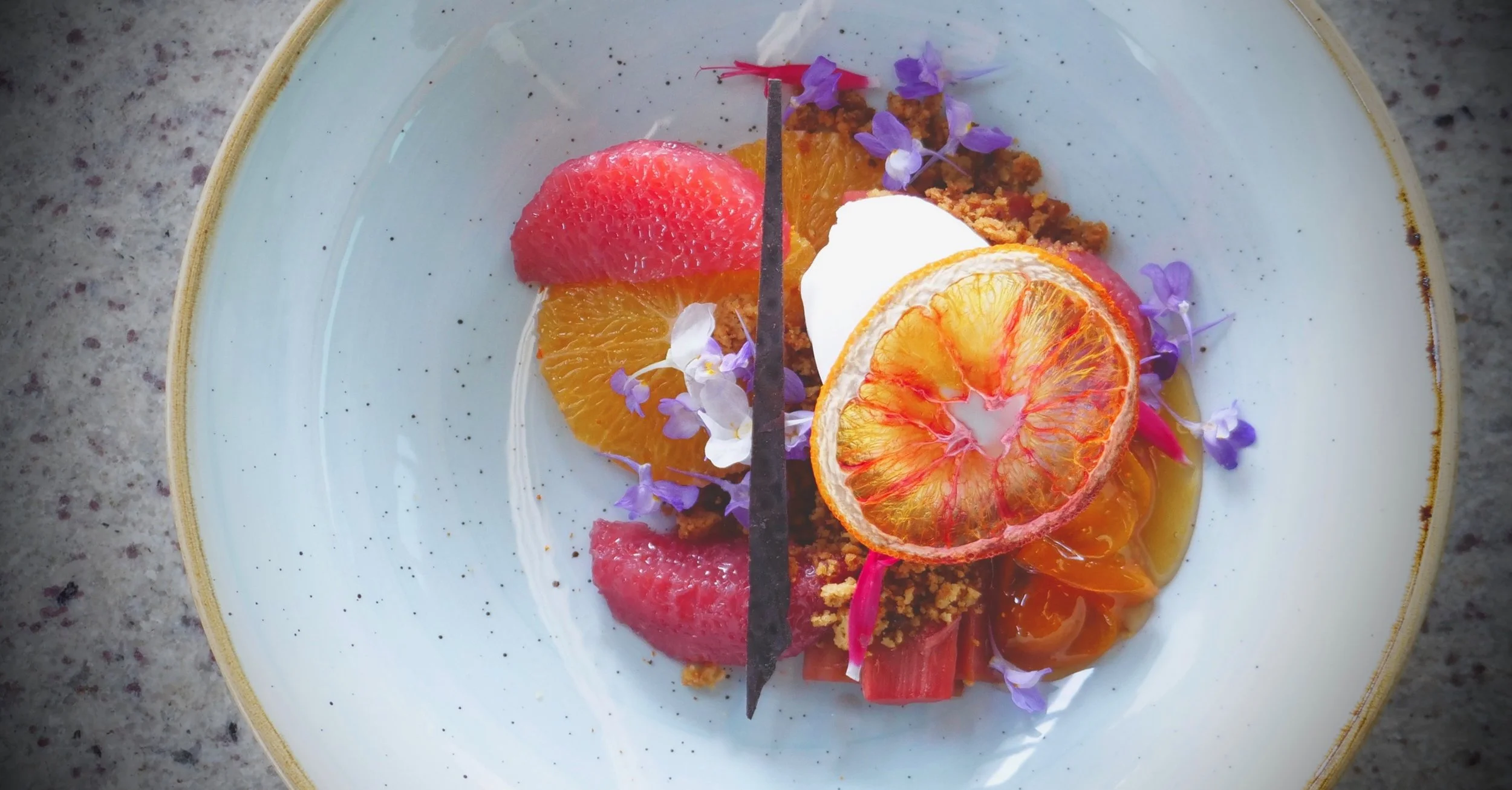 MACERATED CITRUS, CUMQUAT JAM, COCONUT SORBET, LINARIA, PINEAPPLE SAGE.