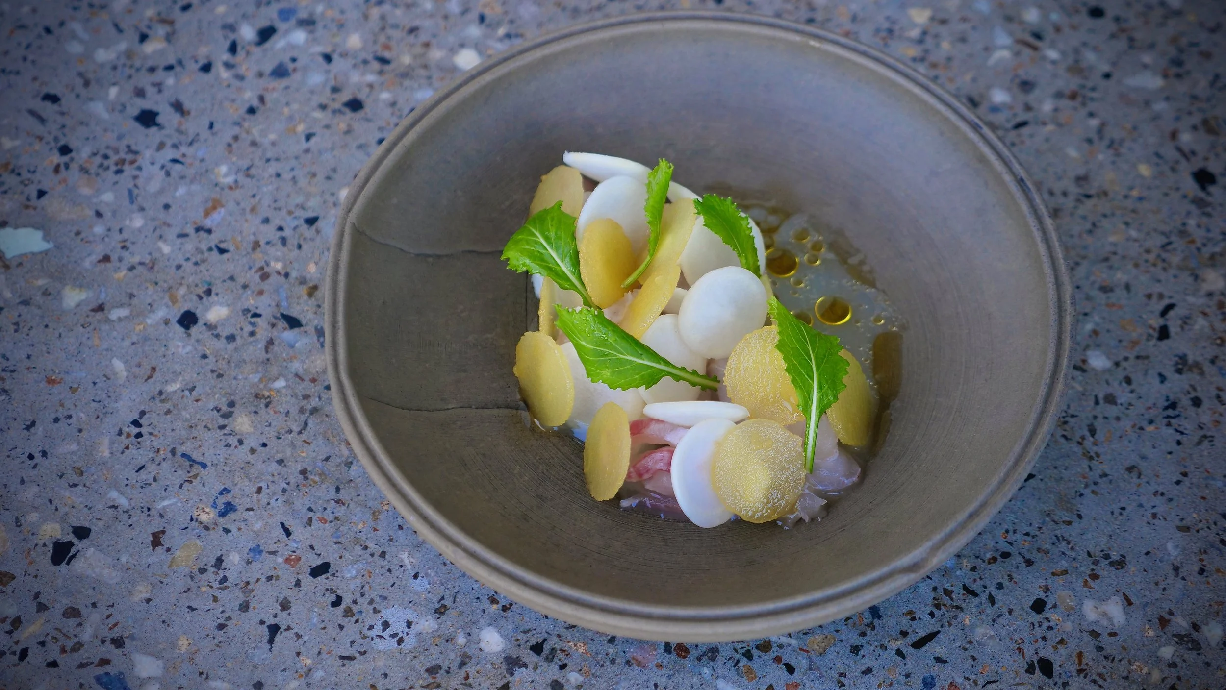 ALFONSINO, PETITE BOUCHE JAPANESE TURNIP, FERMENTED APPLE, JUNIPER OIL.