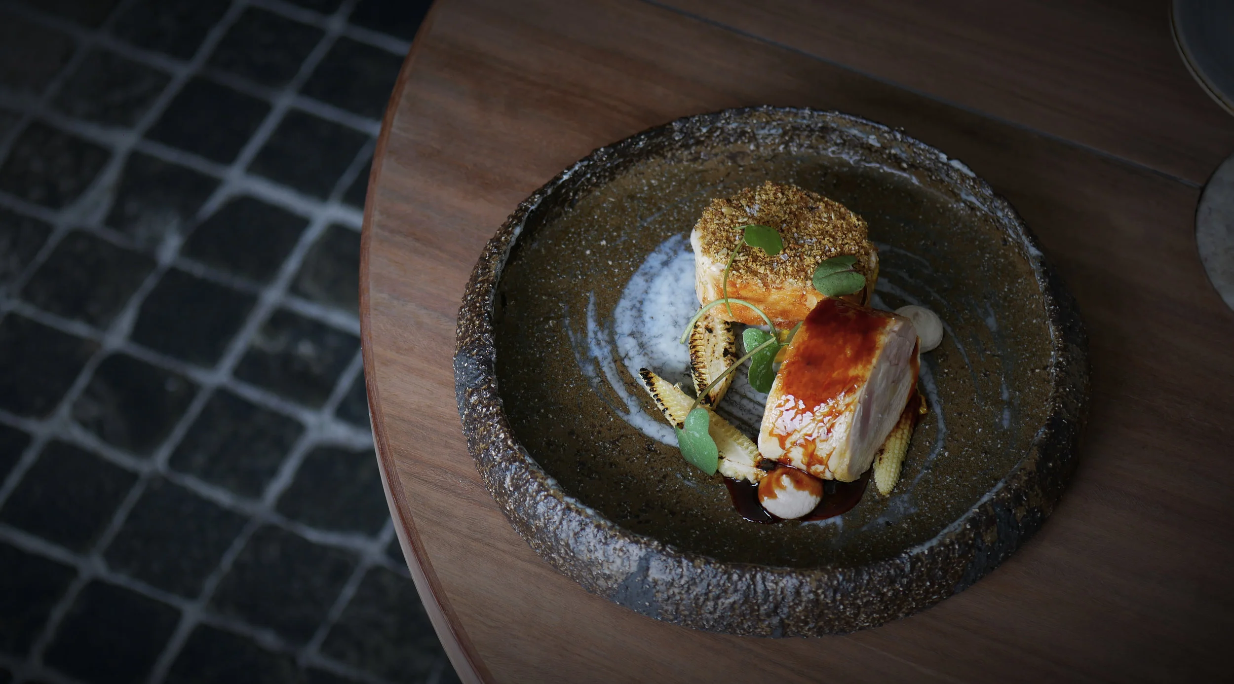 CHICKEN, PETITE BOUCHE BABY CORN. HAZELNUT, WOODLAND SORREL