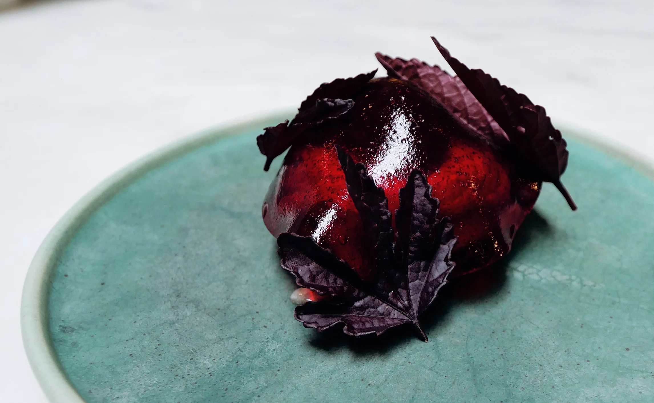 ROASTED FIG, HIBISCUS GEL & LEAVES, BLACKCURRANT SORBET, TASMANIAN NATIVE PEPPER