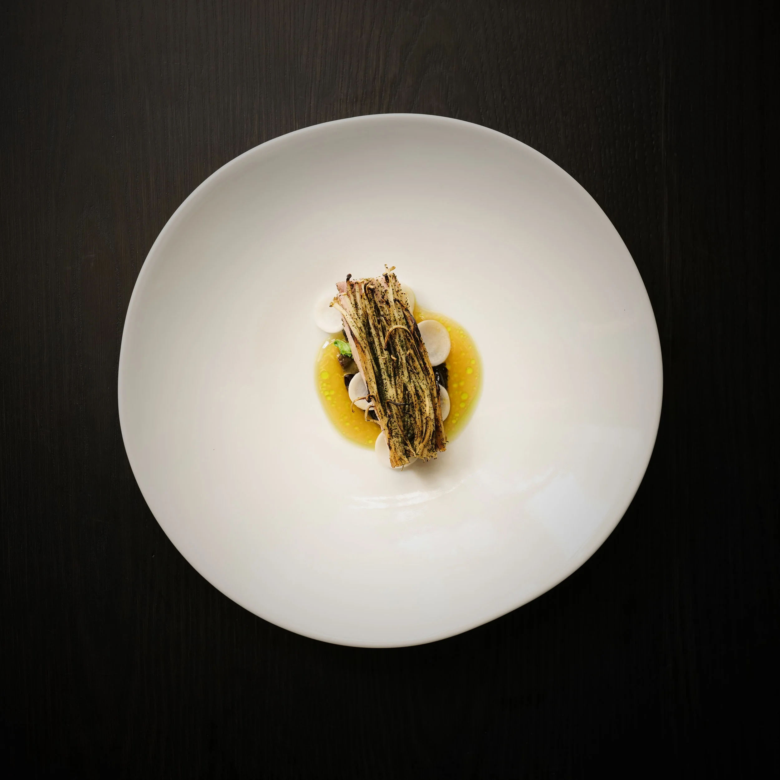 POACHED PHEASANT BREAST, WOOD EAR MUSHROOM, PETITE BOUCHE BABY TURNIP, NORI, LIME