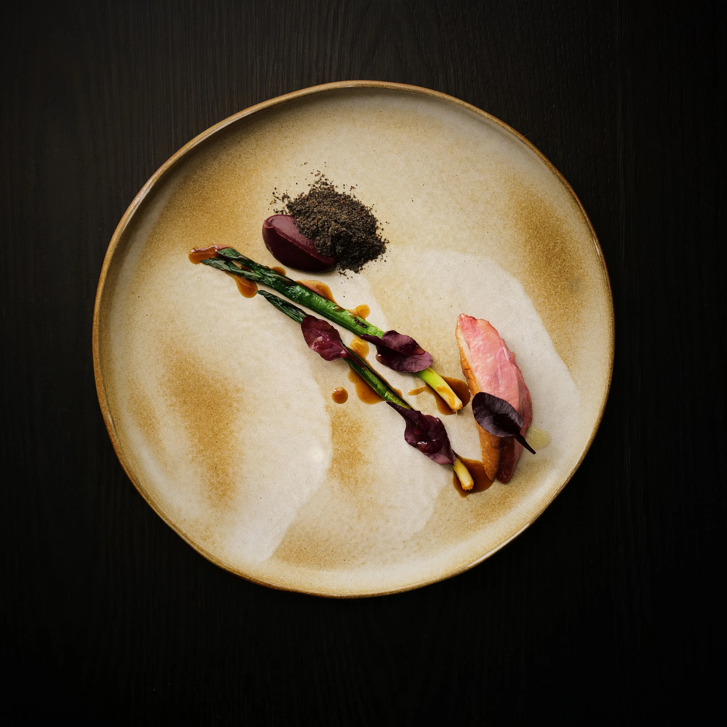 DRY AGED DUCK BREAST, PETITE BOUCHE PENCIL LEEK. KOJI, GLAZE AND BULLS BLOOD