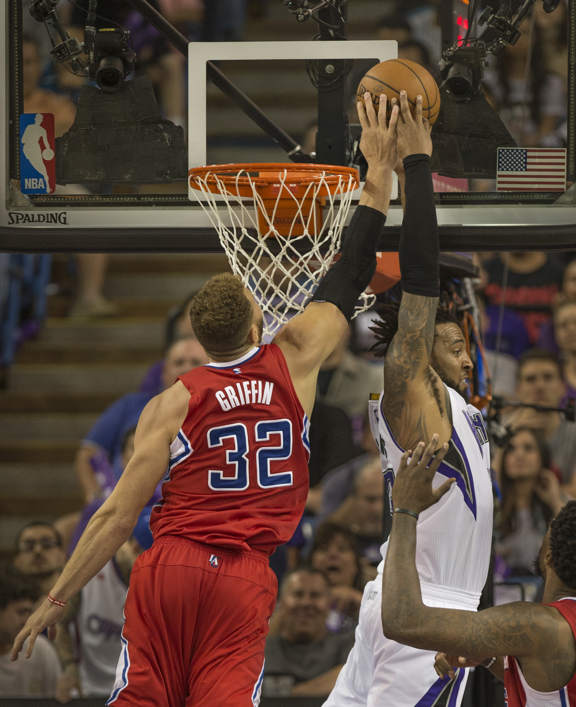  Sacramento Kings forward Derrick Williams (13) has his reverse dunk attempt blocked by Los Angeles Clippers forward Blake Griffin (32) in the fourth quarter on Wednesday night, March 18, 2015 in the NBA game between the Sacramento Kings and Los Ange