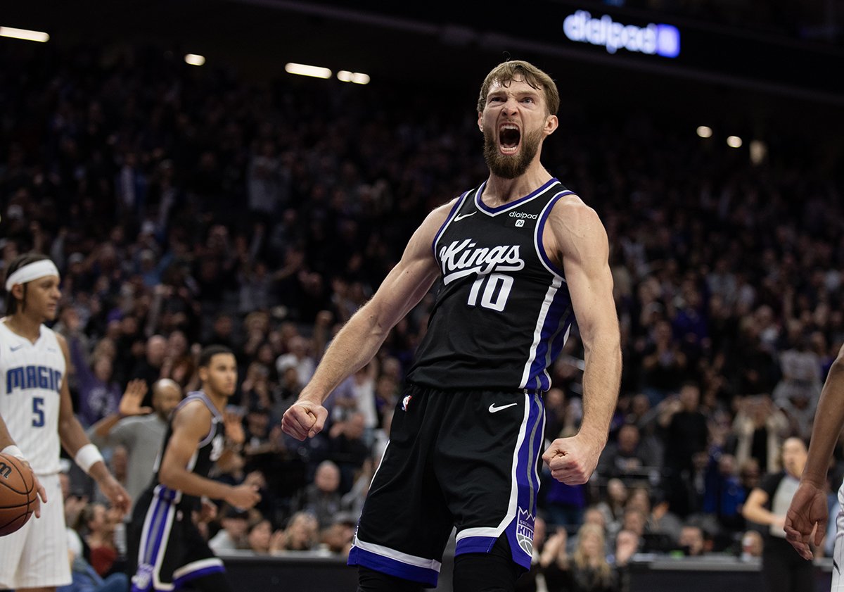  Sacramento Kings forward Domantas Sabonis (10) reacts after scoring a basket in the first overtime of an NBA basketball game against the Orlando Magic in Sacramento, Calif., Wednesday, Jan. 3, 2024.  
