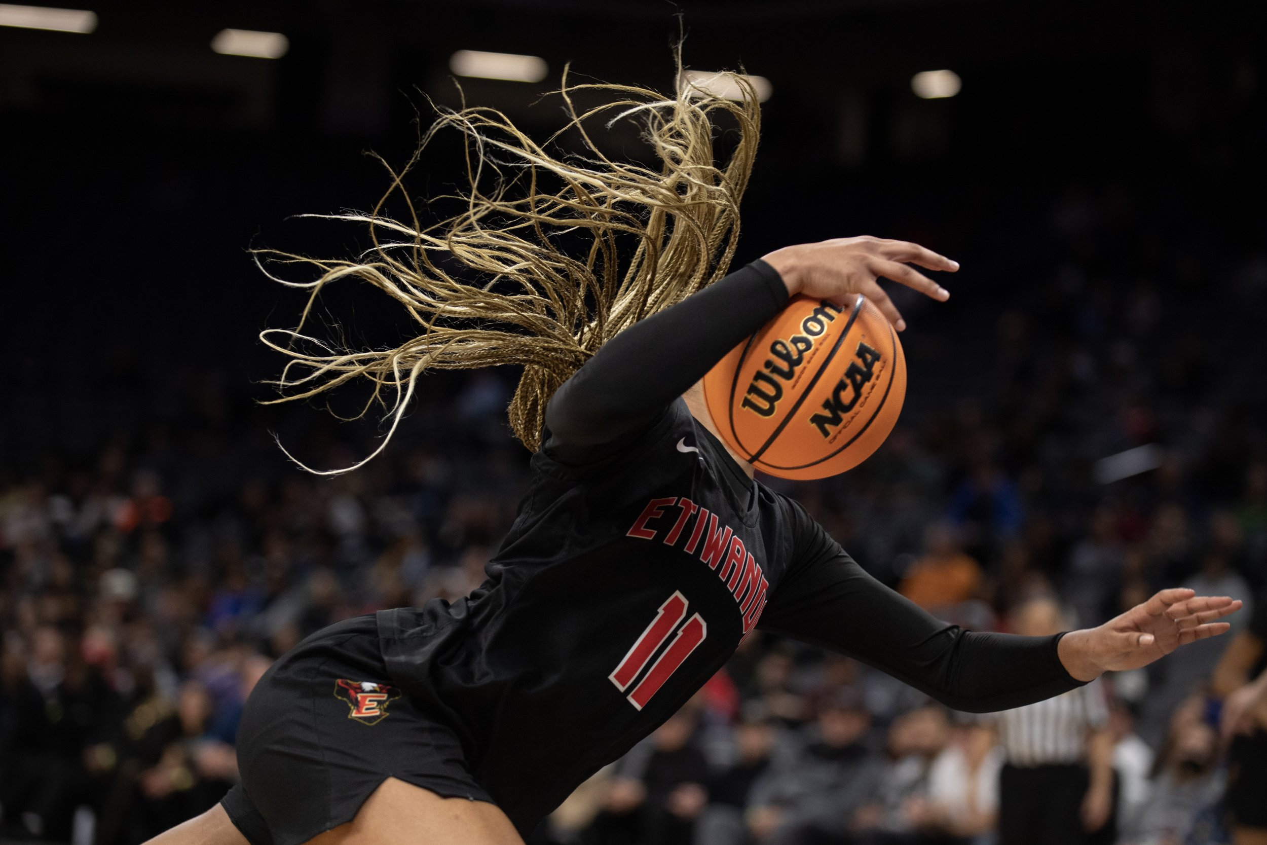  Etiwanda’s Kennedy Smith (11) falls as she is fouled driving to the basket in the Open Division Girls State Championship basketball game against Archbishop Mitty at the Golden 1 Center in Sacramento, Calif., Saturday, March 11, 2023. Etiwanda won 69