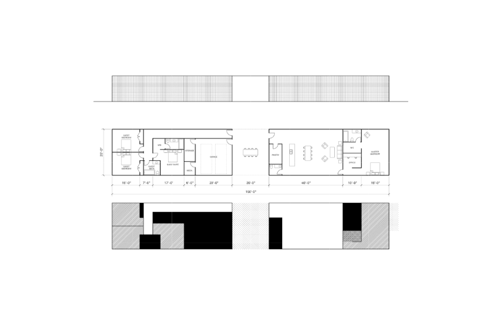 Early plan studies looking at the relationship between open/circulation spaces (white), bedrooms (hatched),&nbsp;and service volumes (solid black)