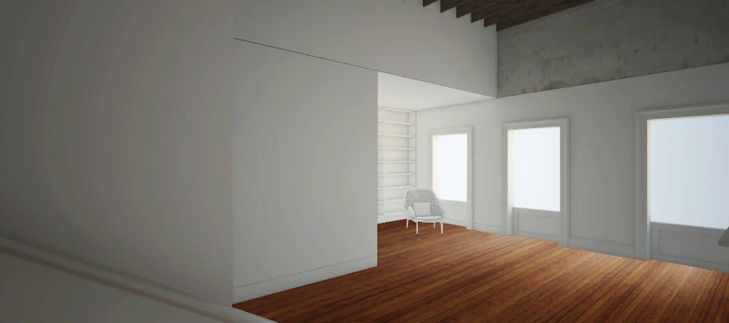 View from stairs towards living room and library beyond