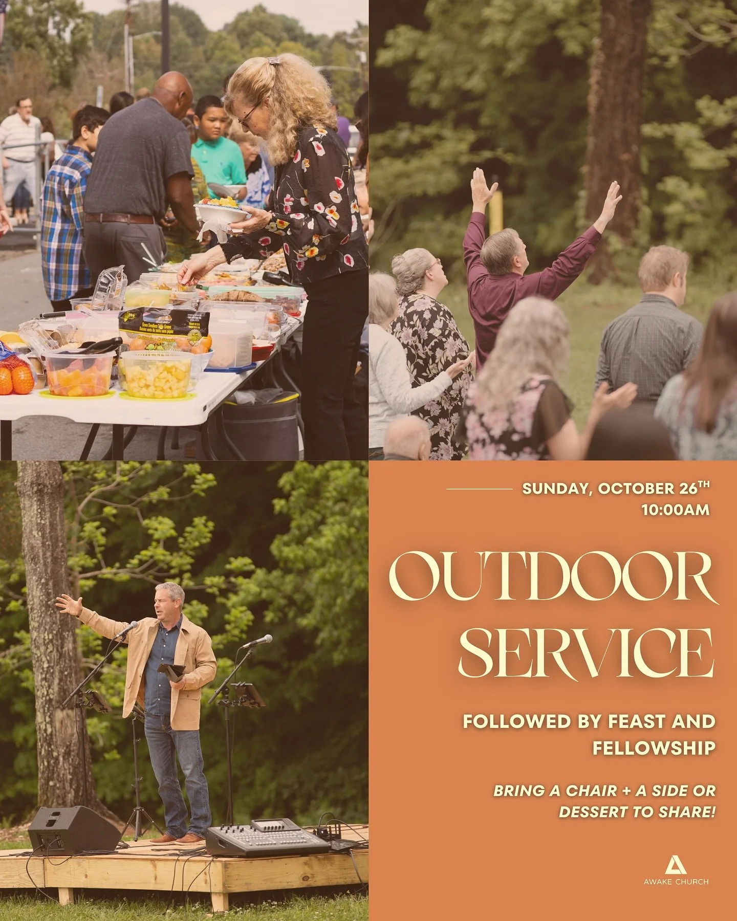This Sunday, October 26th, we will be having our Sunday Service outside behind the building, followed by Feast and Fellowship! 

We will worship together in the beautiful Fall weather, and then enjoy lunch with each other. 

A few important notes:
🍁