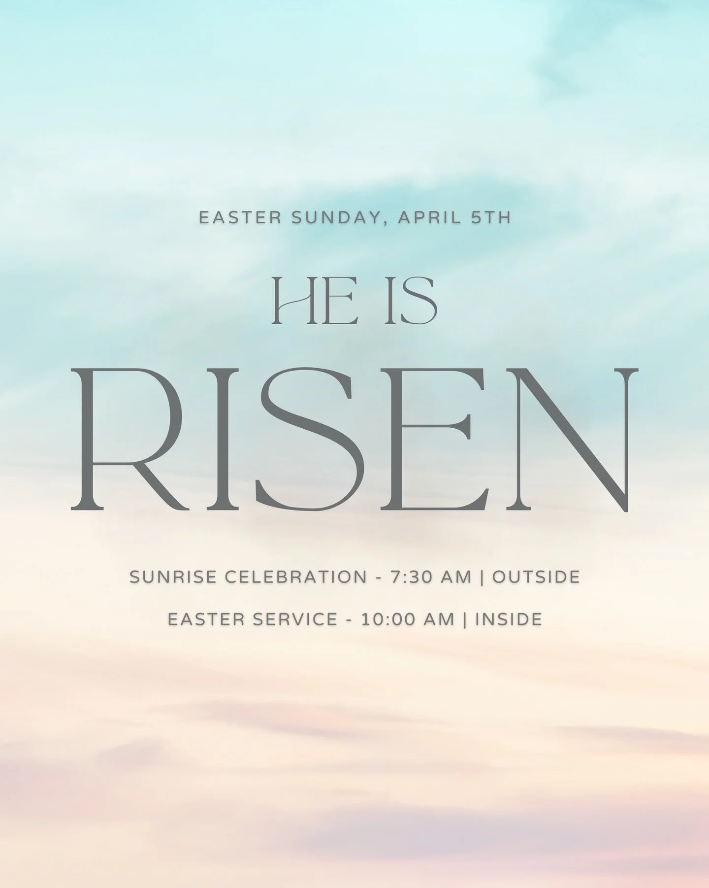 Celebrate our risen king Jesus with us on Resurrection Sunday, April 5th! ✝️☀️

At 7:30 a.m. we&rsquo;ll meet outside, where we&rsquo;ll have a short time of worship and a brief message. Stay for pastries and coffee in the lobby afterwards, as part o