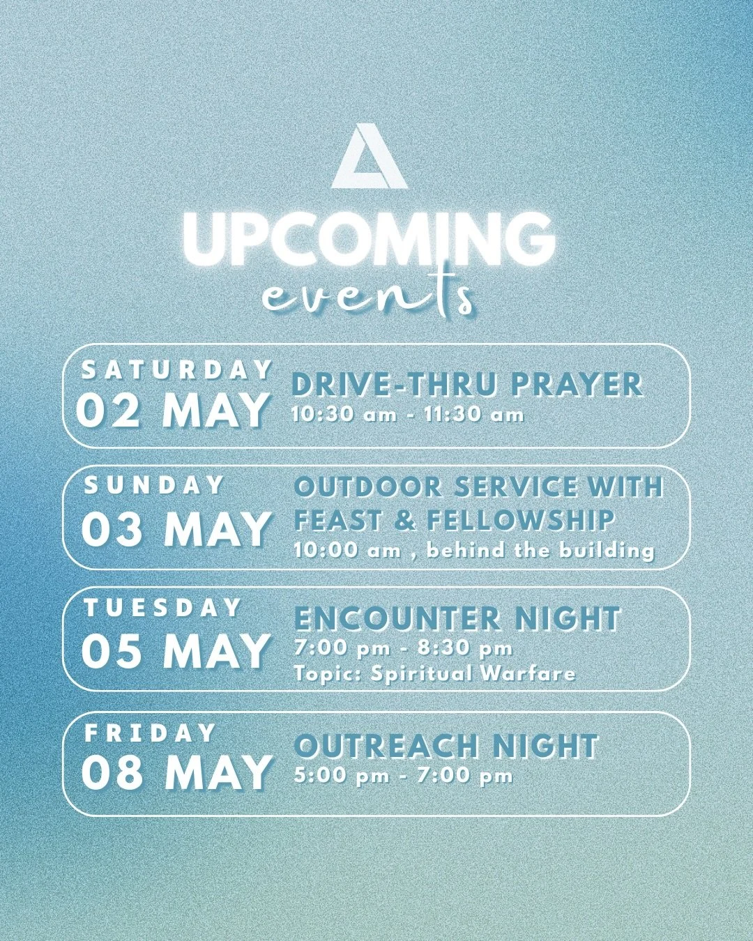 👋  Hello May, and hello friends! We are excited to see you this month at these upcoming events!

Visit 👉 awakechurch.com/church-calendar 👈 for more details and updates throughout the month.