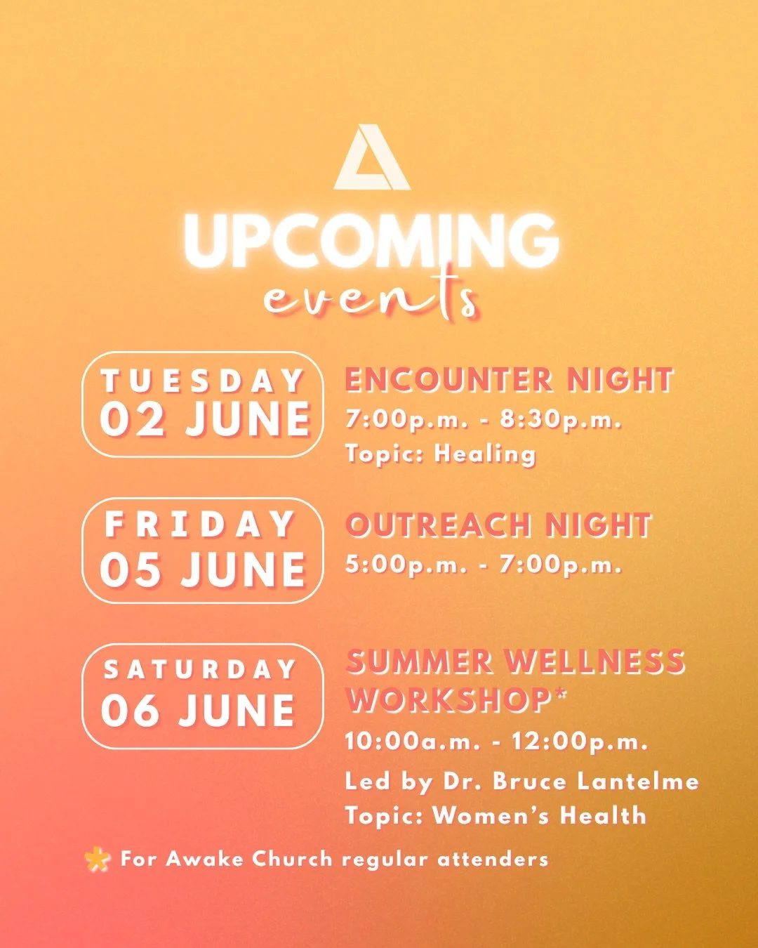 😎 We hope to see you in June! 

Visit https://www.awakechurch.com/church-calendar for the latest information on these events.