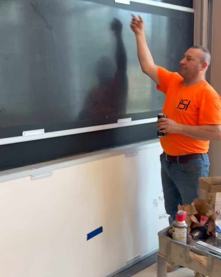 👏 Shoutout to one of our foremen, Joe, for his precision and craftsmanship installing vertical sliding whiteboards at Washington and Lee University. Functional and built to last&mdash;this is how we do it at Hanover Specialties!