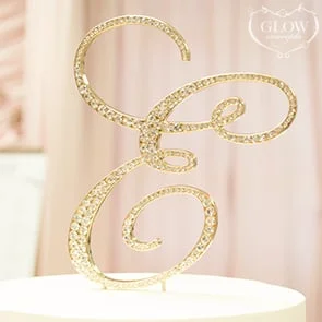 Letter E gold metal rhinestone cake topper