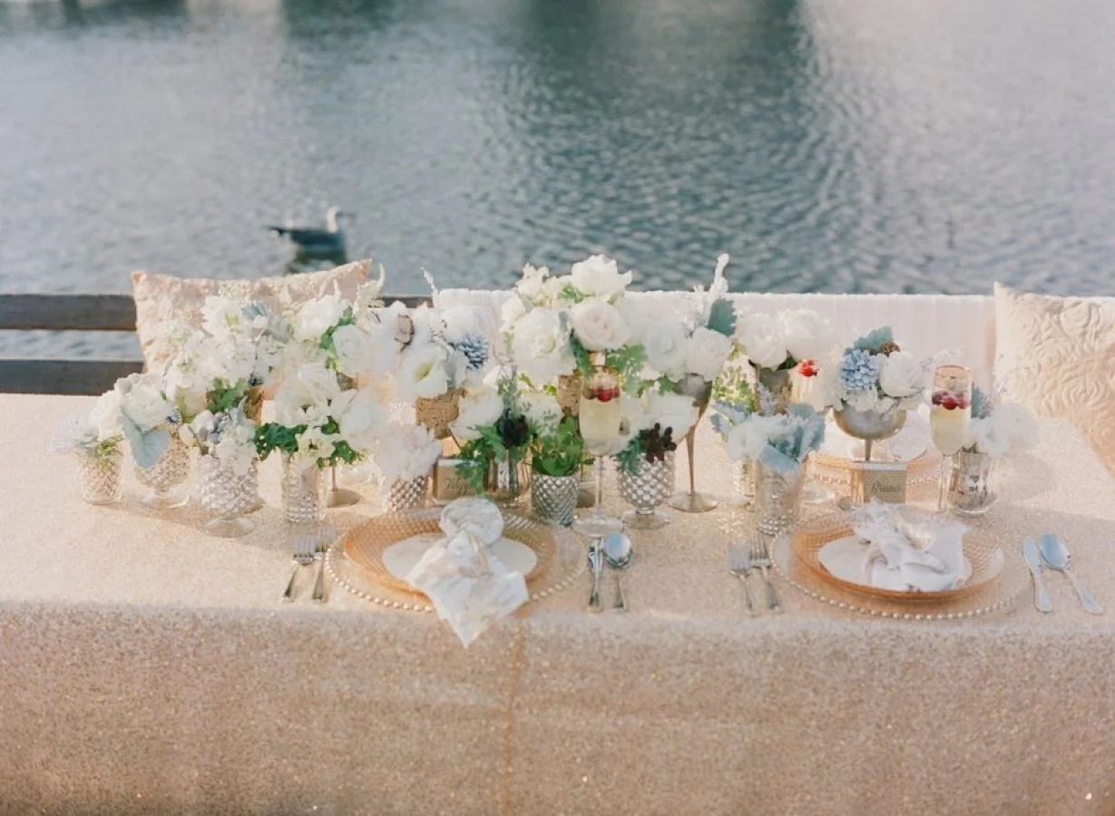Photo by: Esther Sun Photography | Venue: Gondola Get Away in Long Beach, California | Gold Sequin Overly and Gold Beaded Chargers Provided by: Glow Concepts 