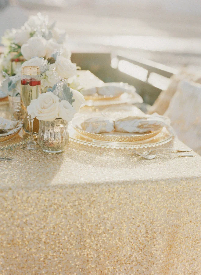 Photo by: Esther Sun Photography | Venue: Gondola Get Away in Long Beach, California | Gold Sequin Overly and Gold Beaded Chargers Provided by: Glow Concepts 