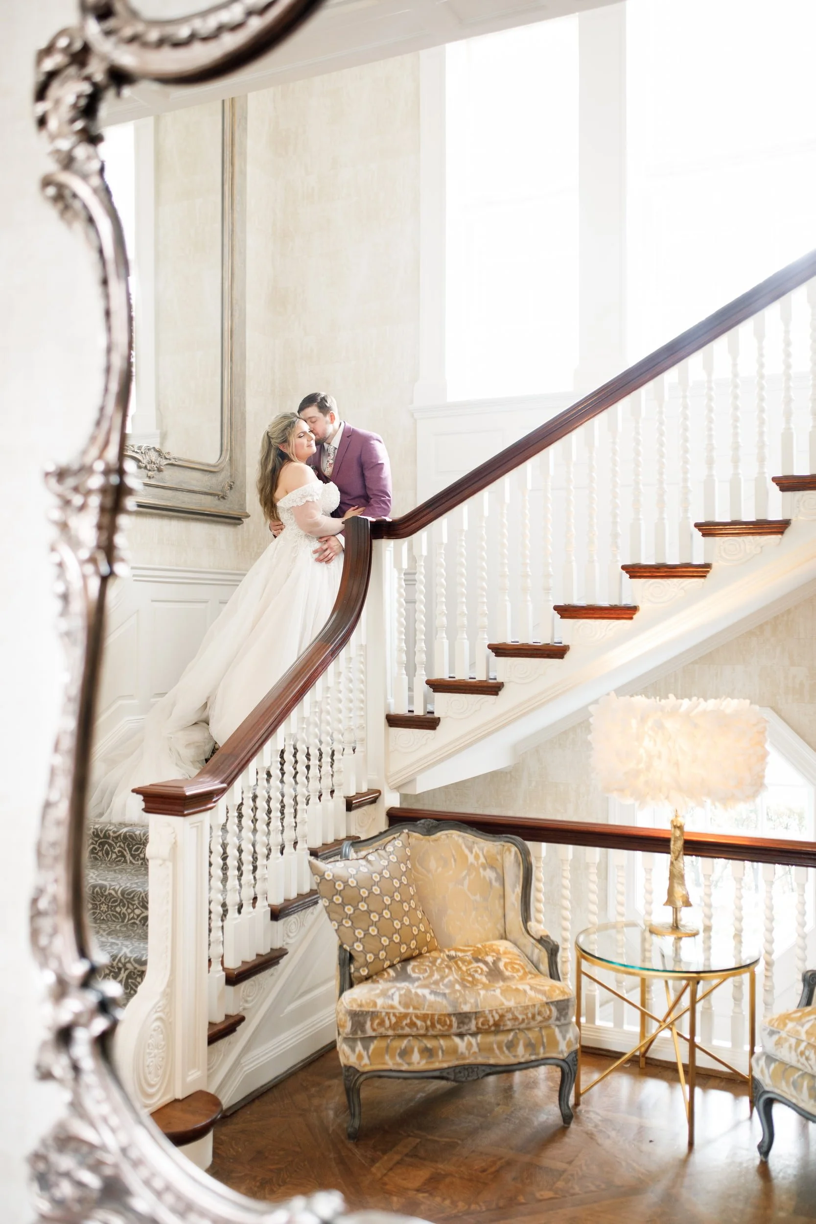 Bride and groom portrait on Graydon Hall Manor staircase