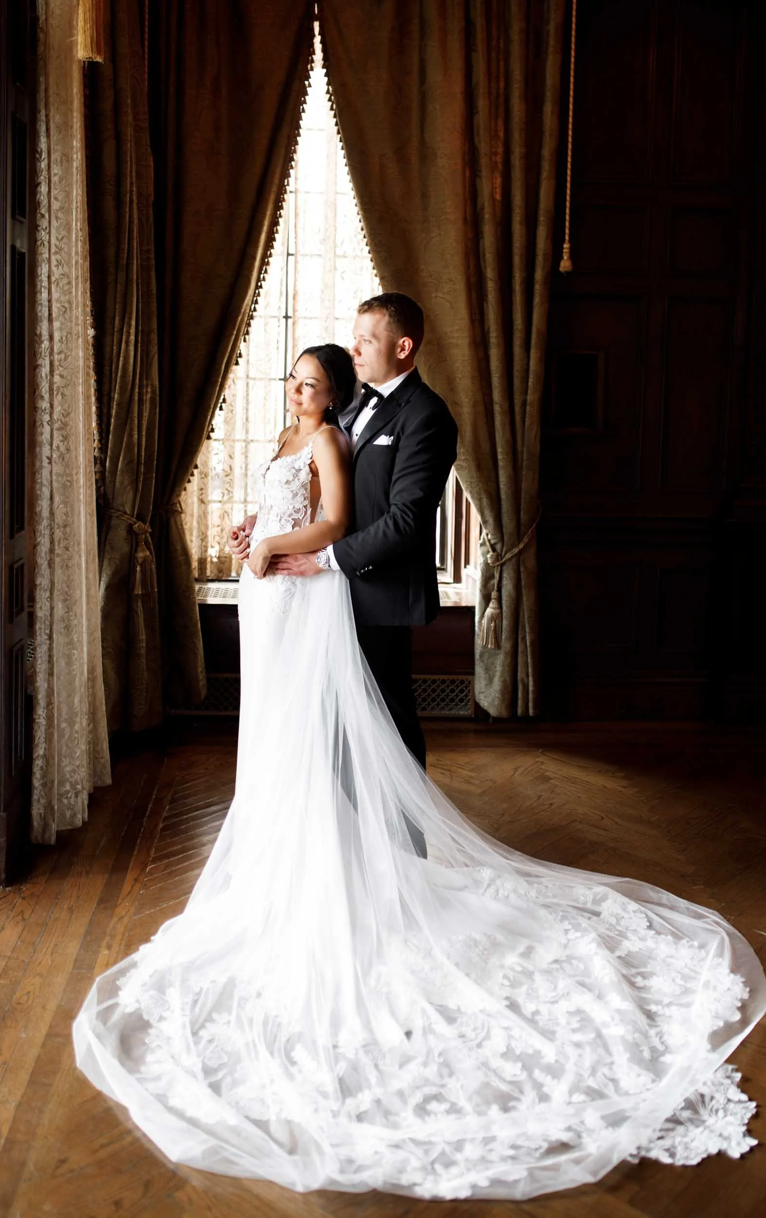Romantic portrait inside Casa Loma’s wood-paneled interior