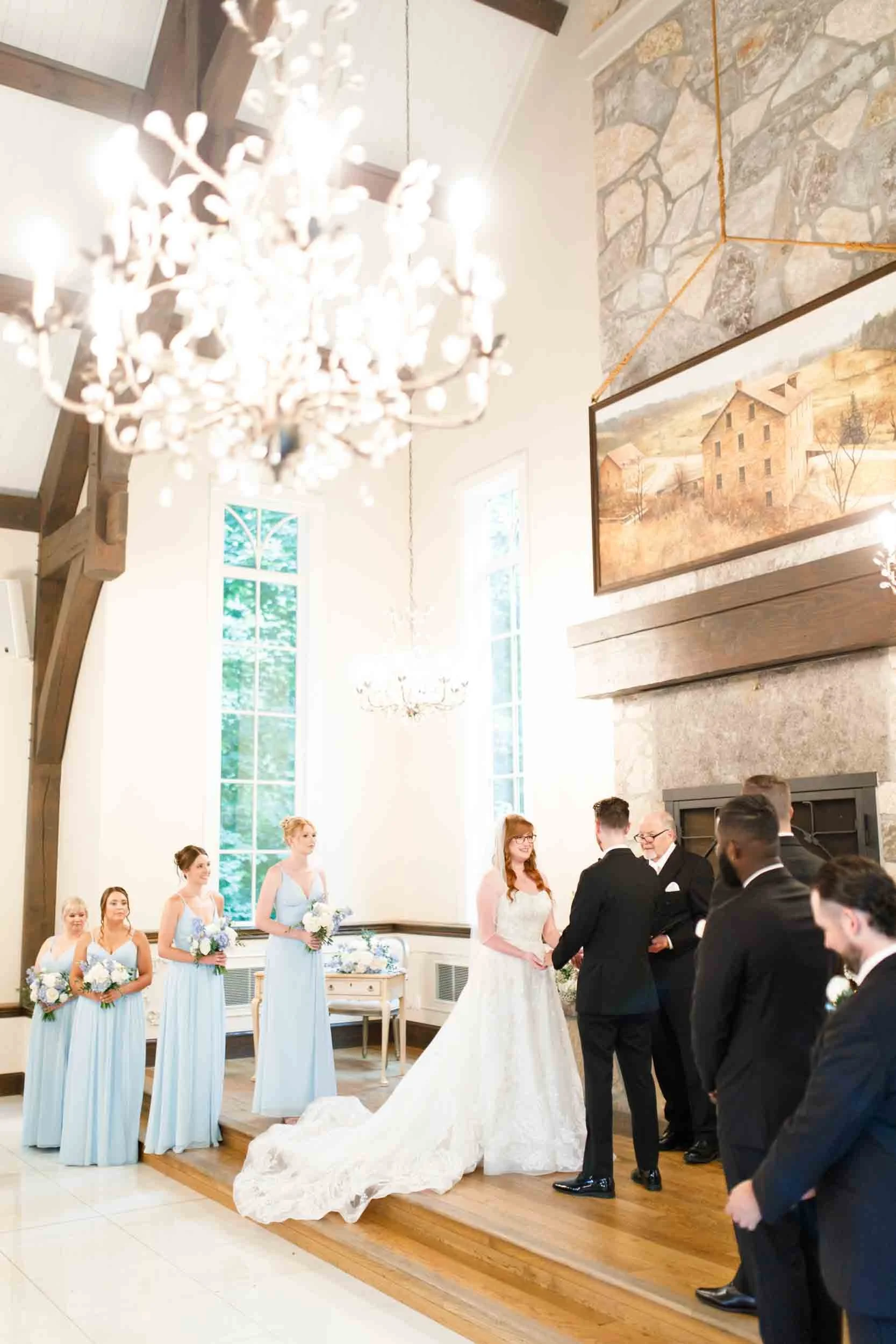 Wide ceremony view inside Miller’s Chapel at the Ancaster Mill