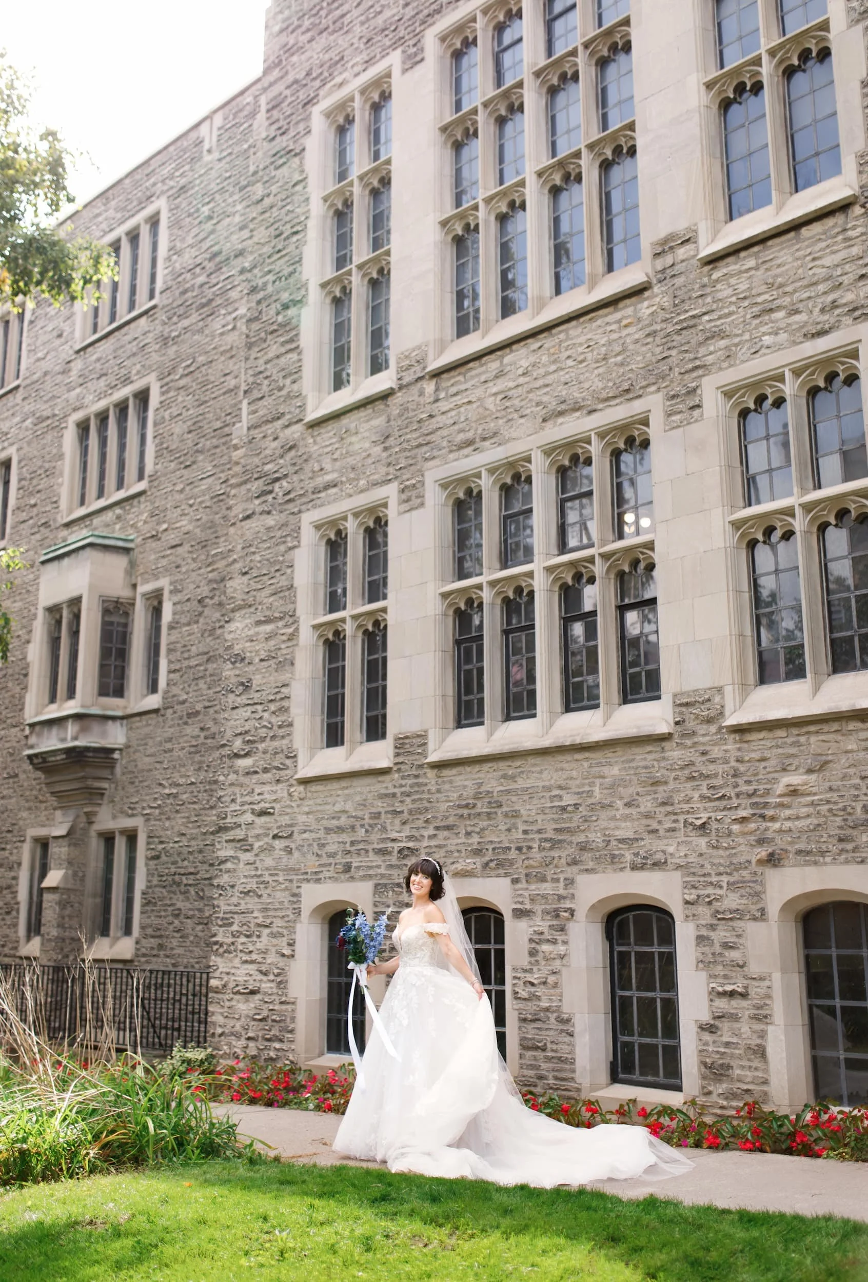 Wide architectural view of Victoria College courtyard at the University of Toronto in Toronto, Ontario
