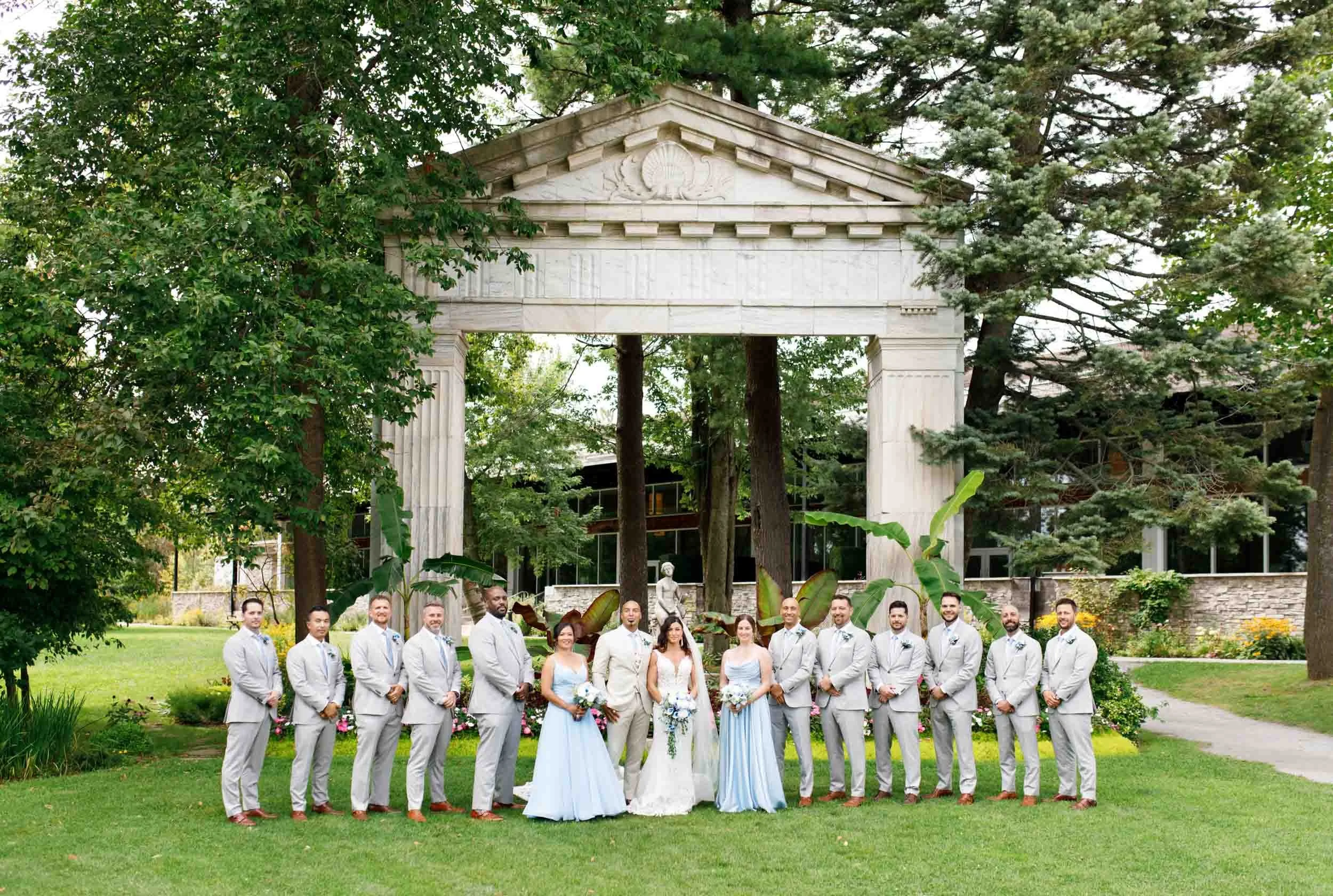 Wedding party portrait at Guild Inn Estate classical pavilion
