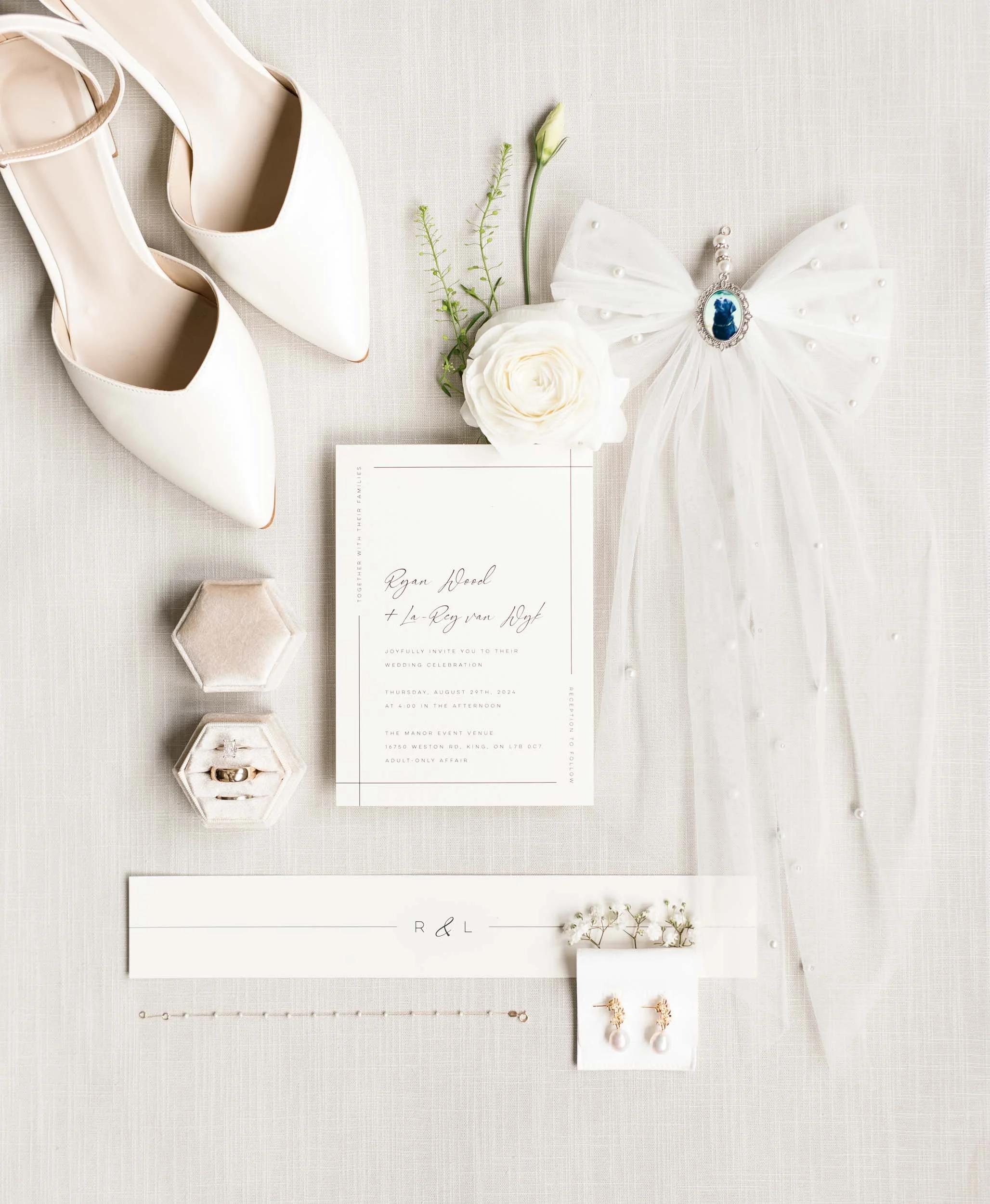 Wedding dress and details at The Manor Event Venue in King, Ontario