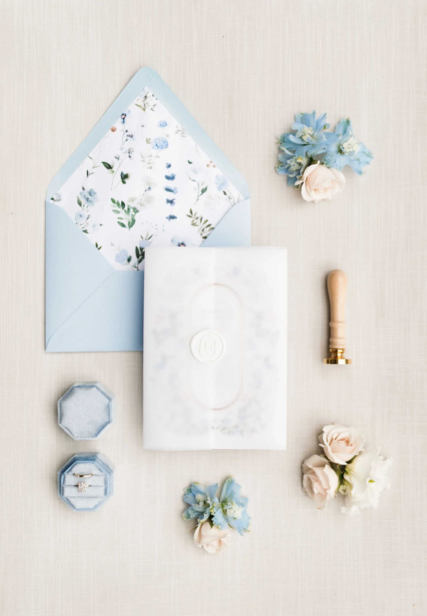 Wedding invitation and stationery flat lay at a Mount Alverno wedding in Caledon Village