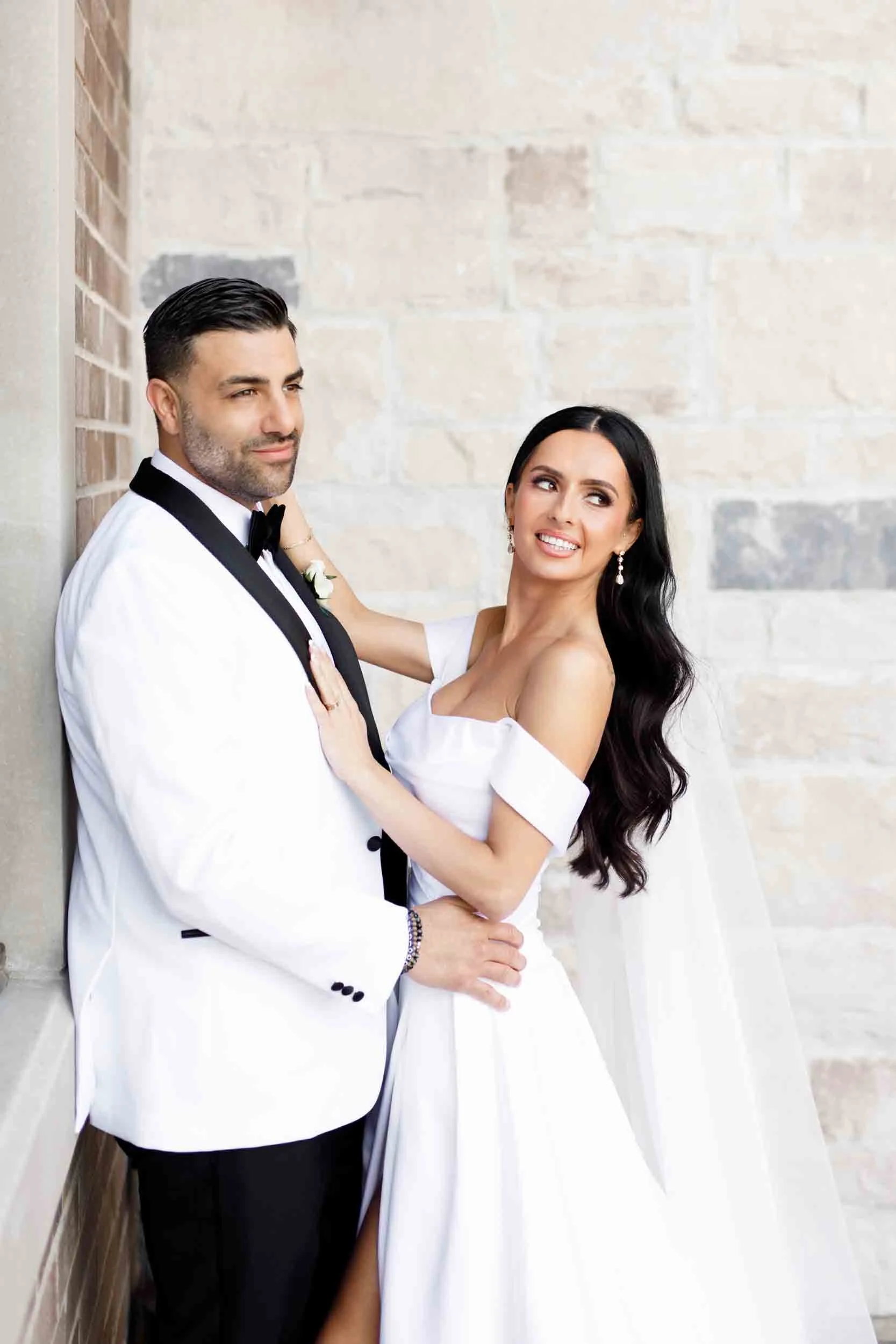 Bride and groom embracing at the Arlington Estate in Vaughan