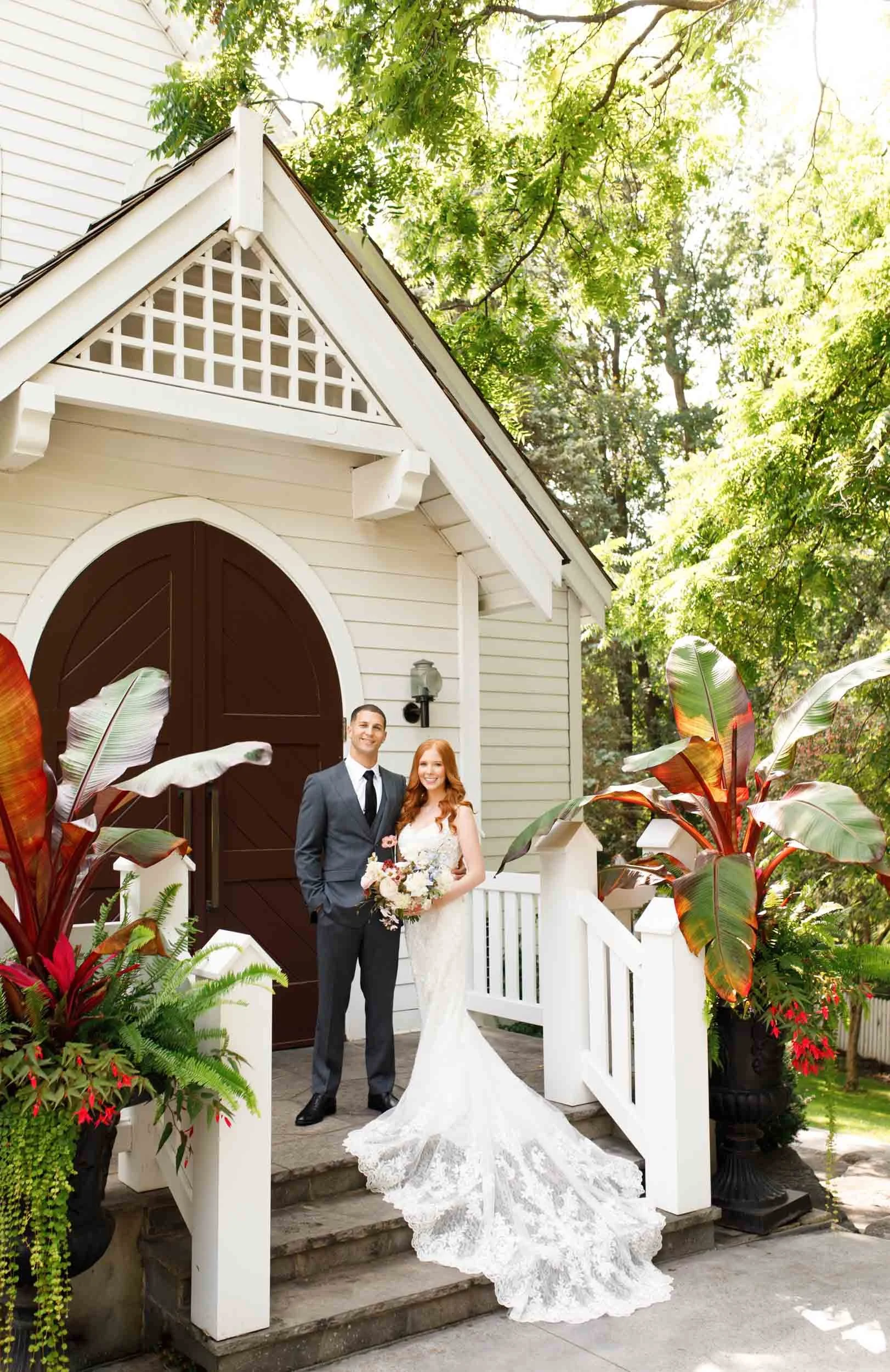 Bride and groom at wedding chapel at The Doctor’s House in Kleinburg, Ontario