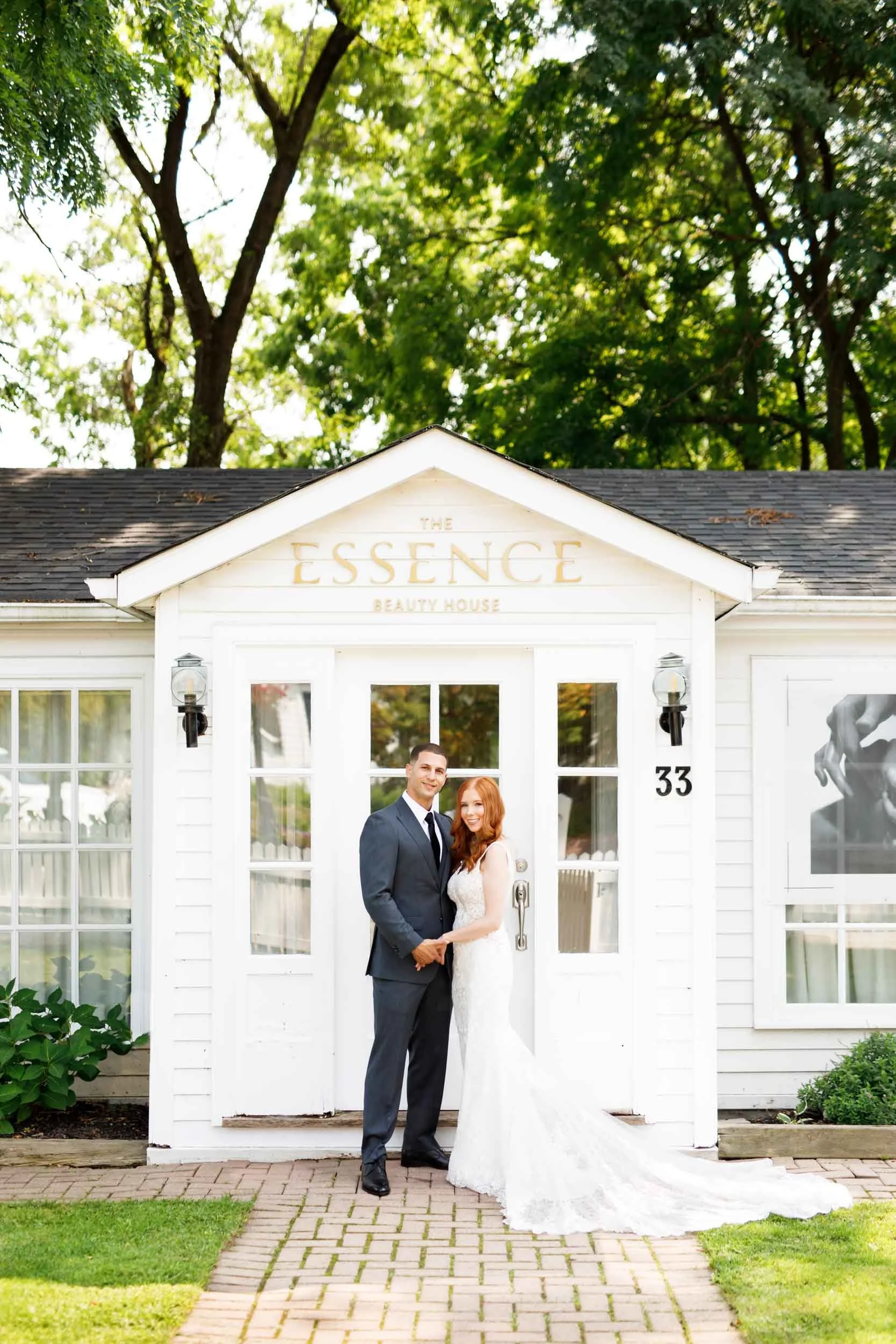 Bride and groom outside Essence building at The Doctor’s House in Kleinburg, Ontario