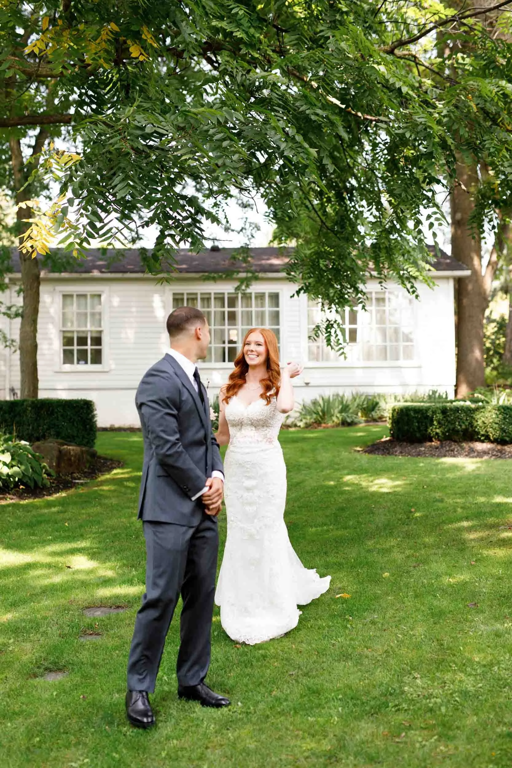 Bride and groom meeting for first look at The Doctor’s House in Kleinburg, Ontario