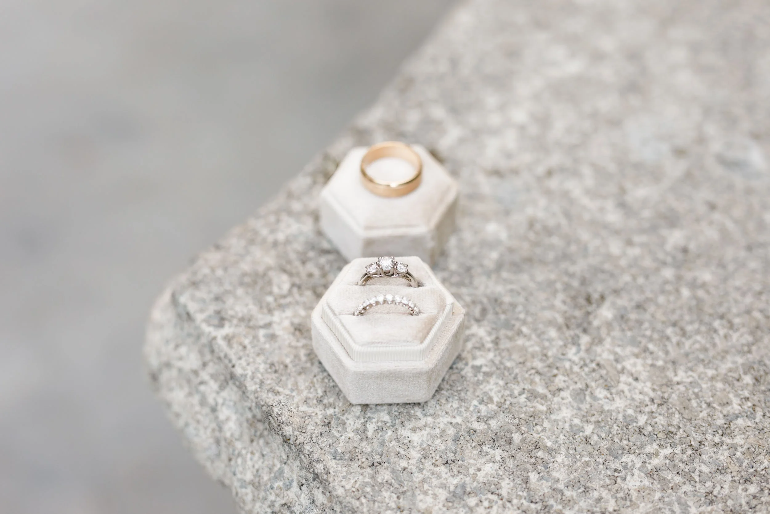 Wedding ring box detail on stone ledge at The Doctor’s House, Kleinburg Ontario