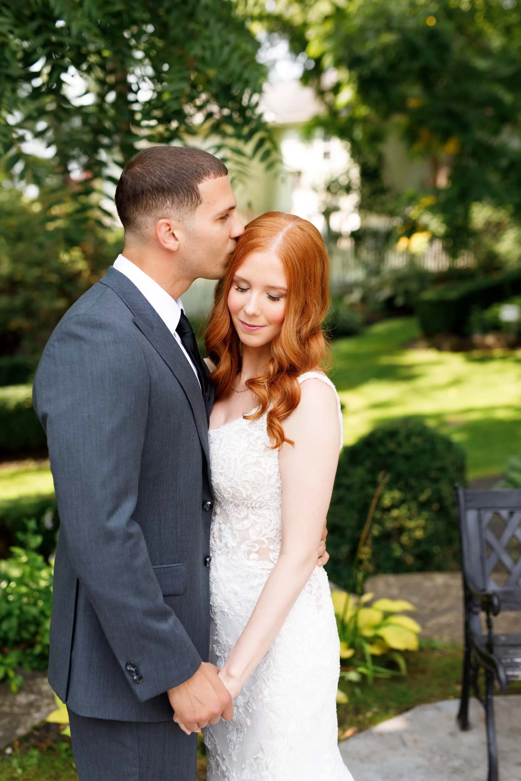 Bride and groom smiling together at The Doctor’s House in Kleinburg wedding