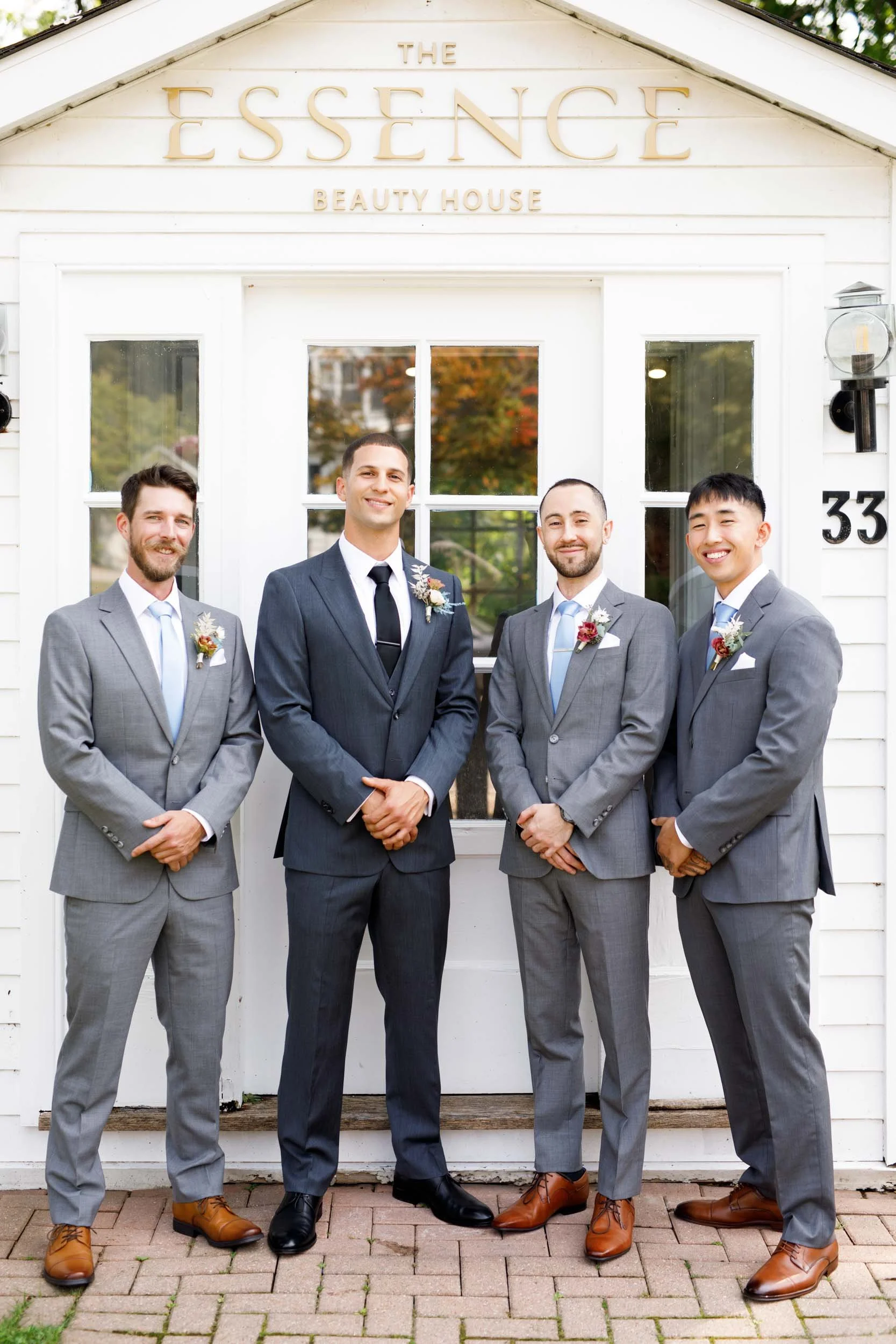 Groomsmen group portrait at Essence at The Doctor’s House in Kleinburg