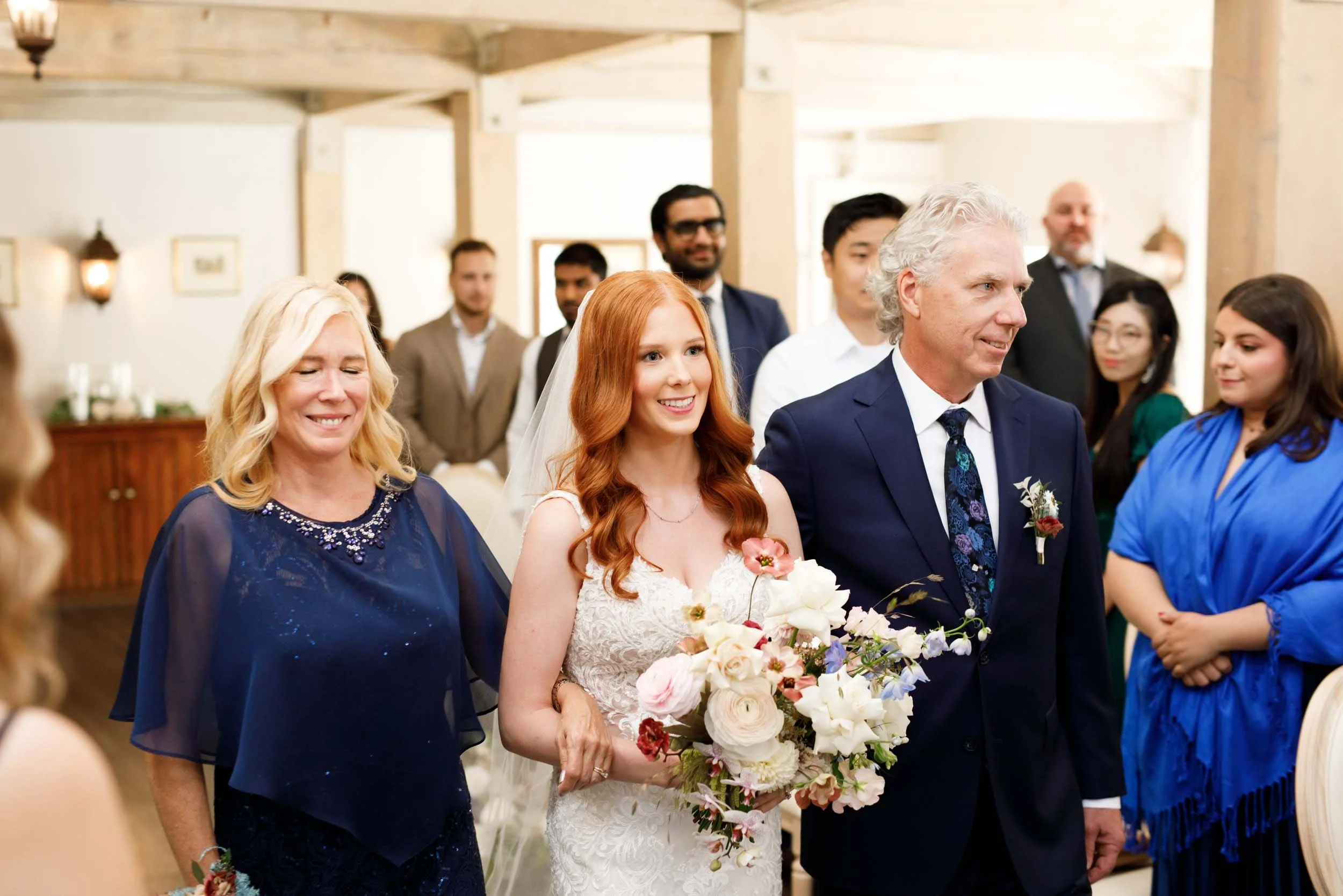 Bride escorted down the aisle at The Doctor’s House in Kleinburg wedding