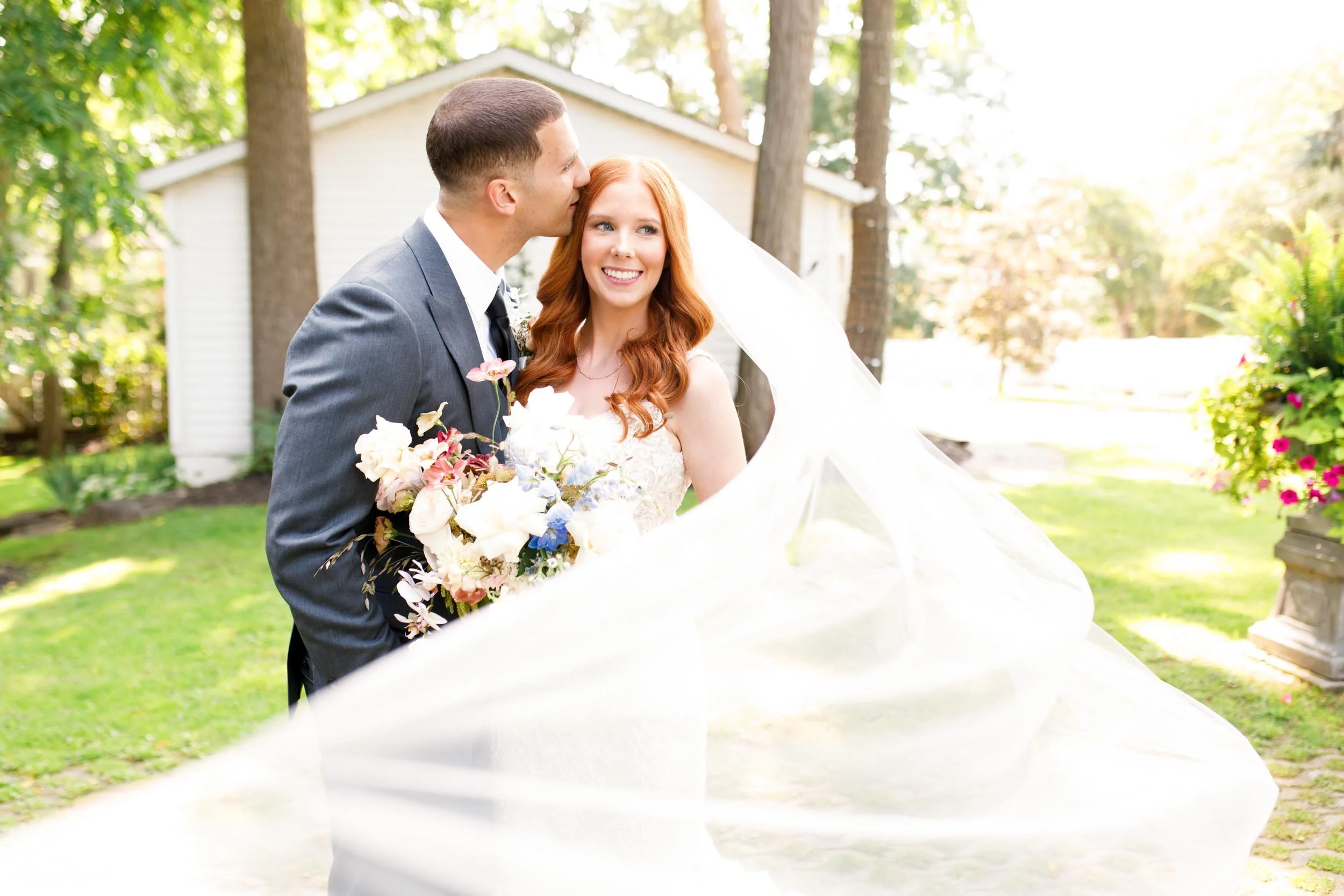 Bride and groom outside chapel at The Doctor’s House in Kleinburg, Ontario