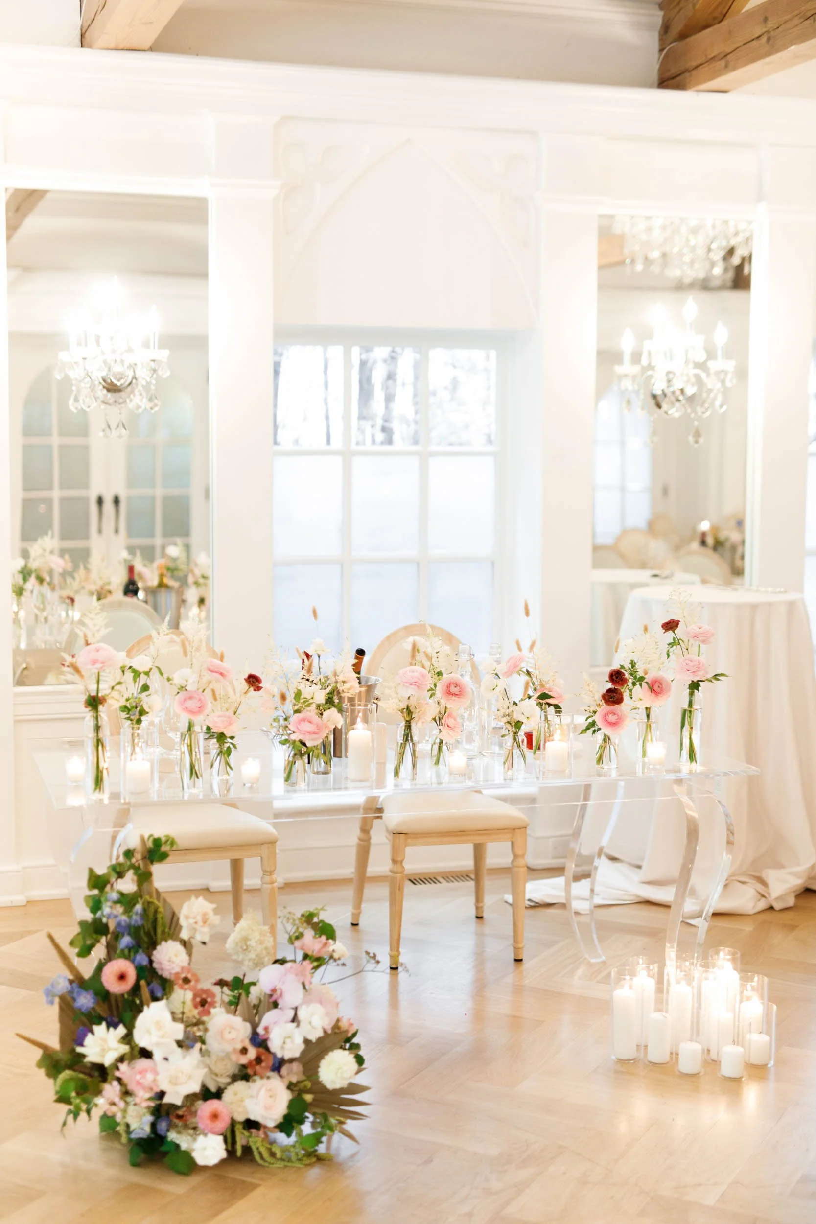 Sweetheart table with florals at The Doctor’s House in Kleinburg wedding