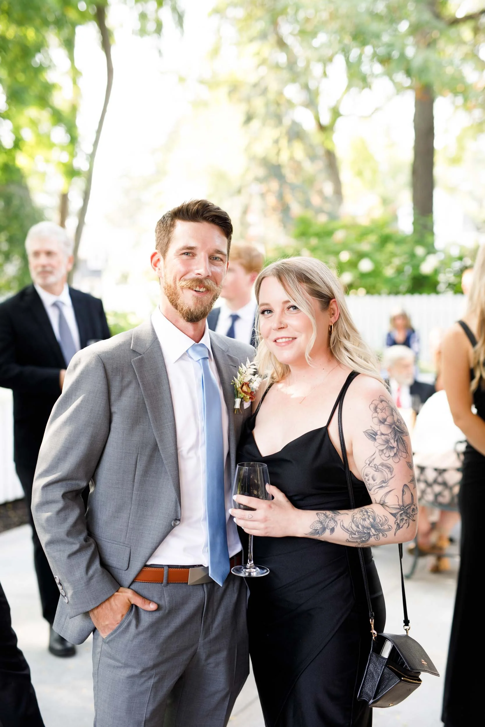 Wedding guests at cocktail hour at The Doctor’s House in Kleinburg