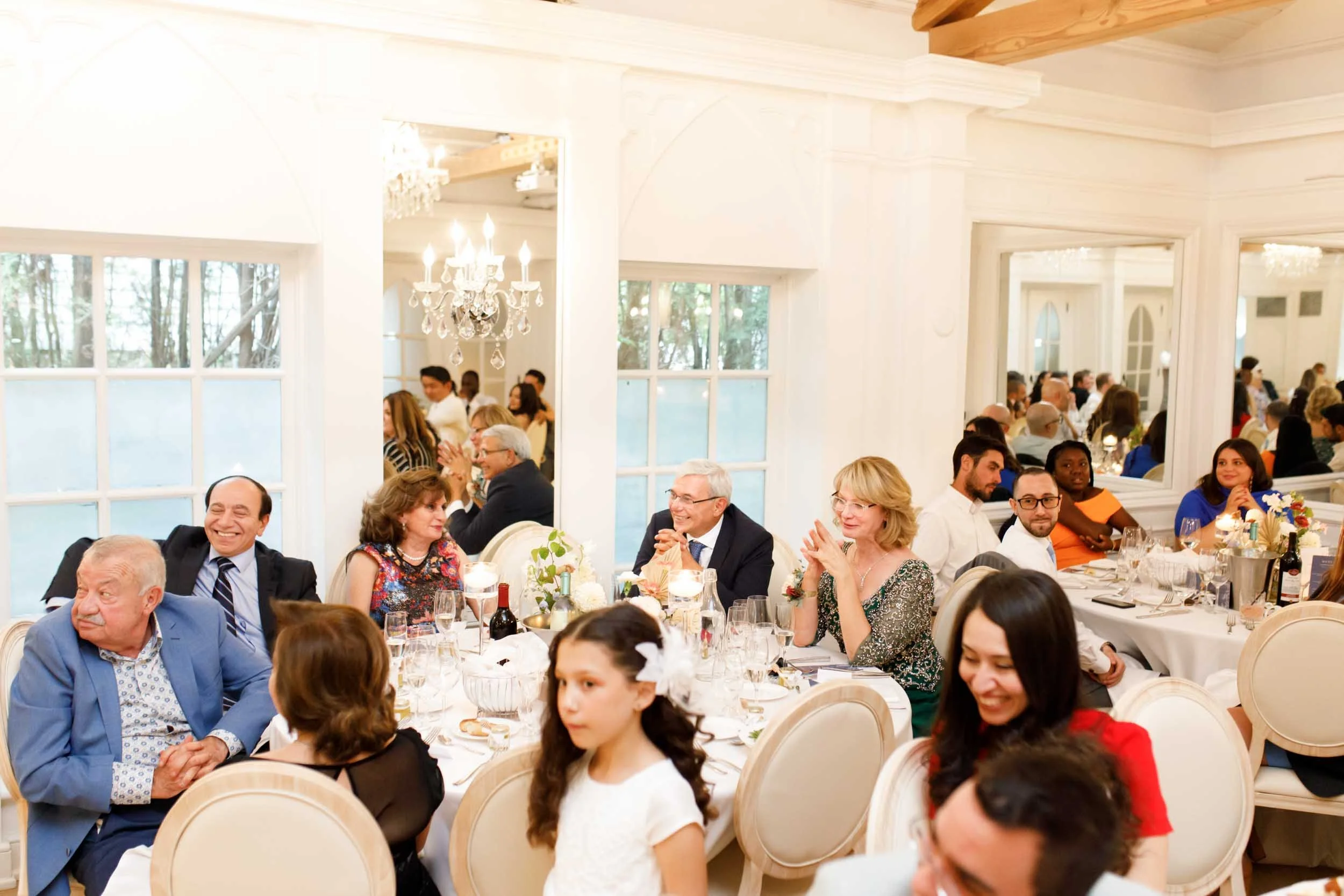Wedding guests seated during speeches at The Doctor’s House in Kleinburg