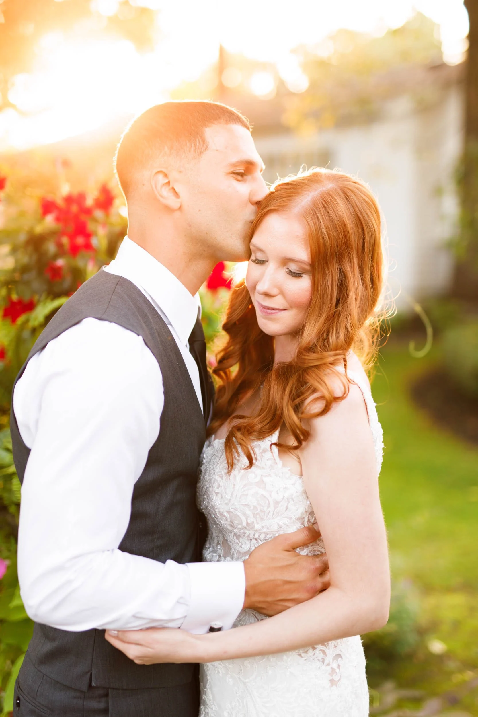 Bride and groom close-up at sunset at The Doctor’s House in Kleinburg, Ontario