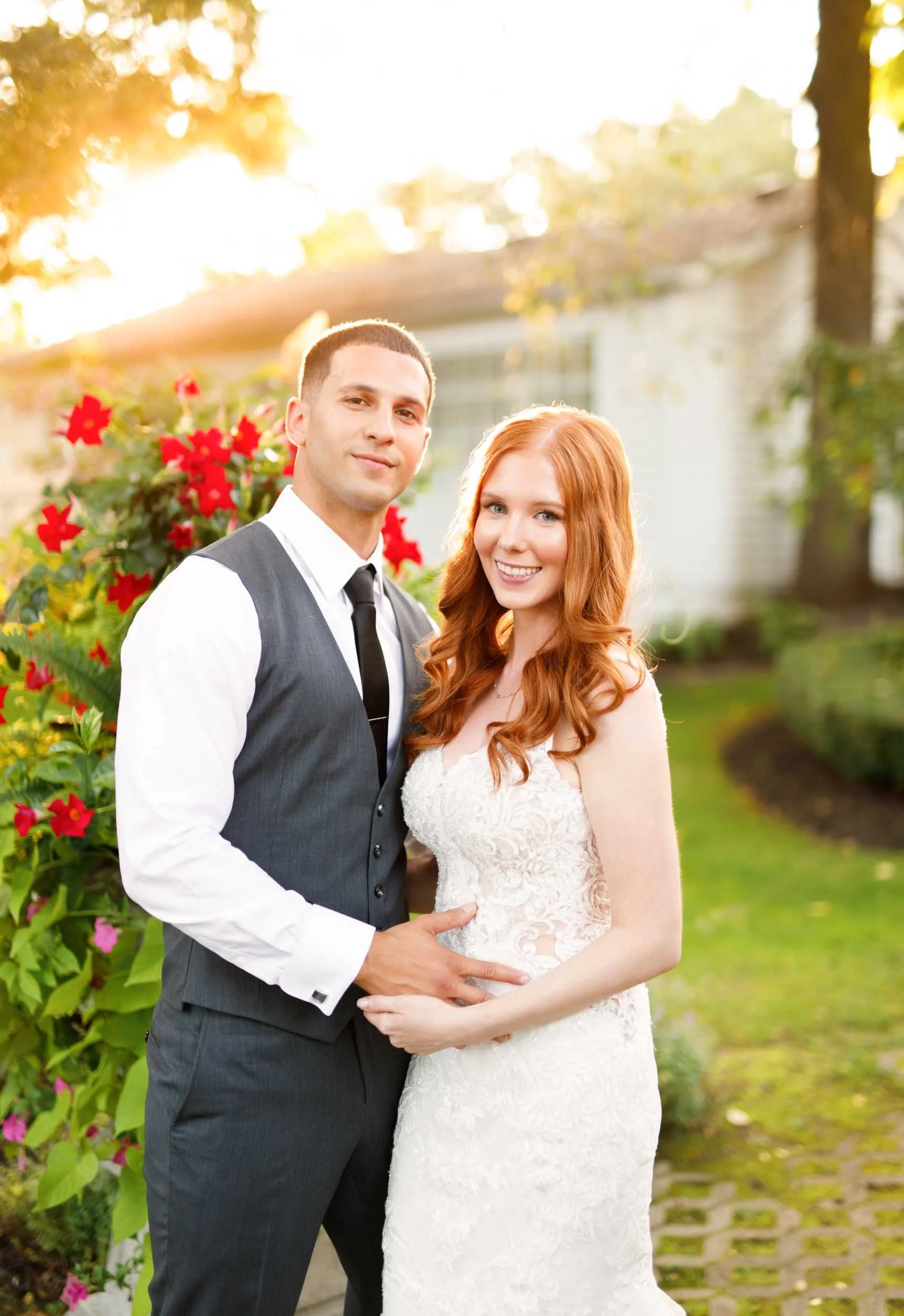 Bride and groom smiling together at The Doctor’s House in Kleinburg