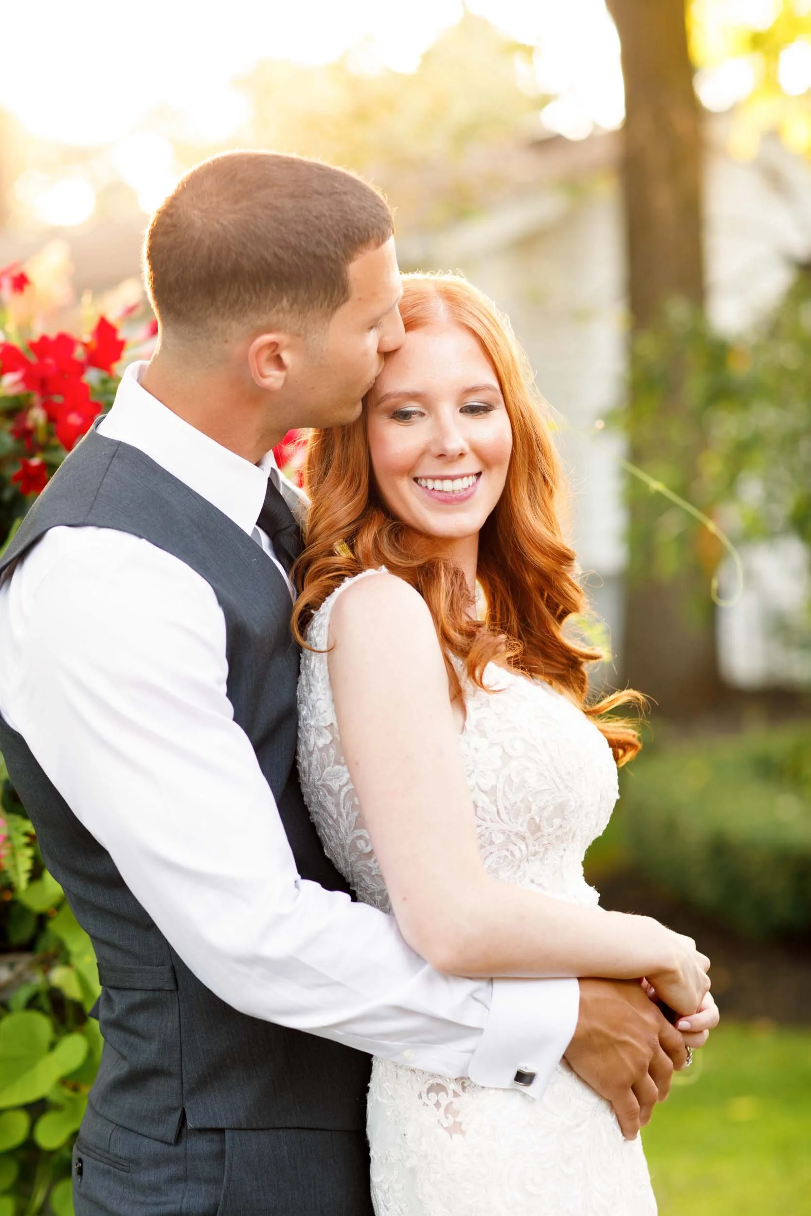 Bride and groom laughing together at The Doctor’s House in Kleinburg