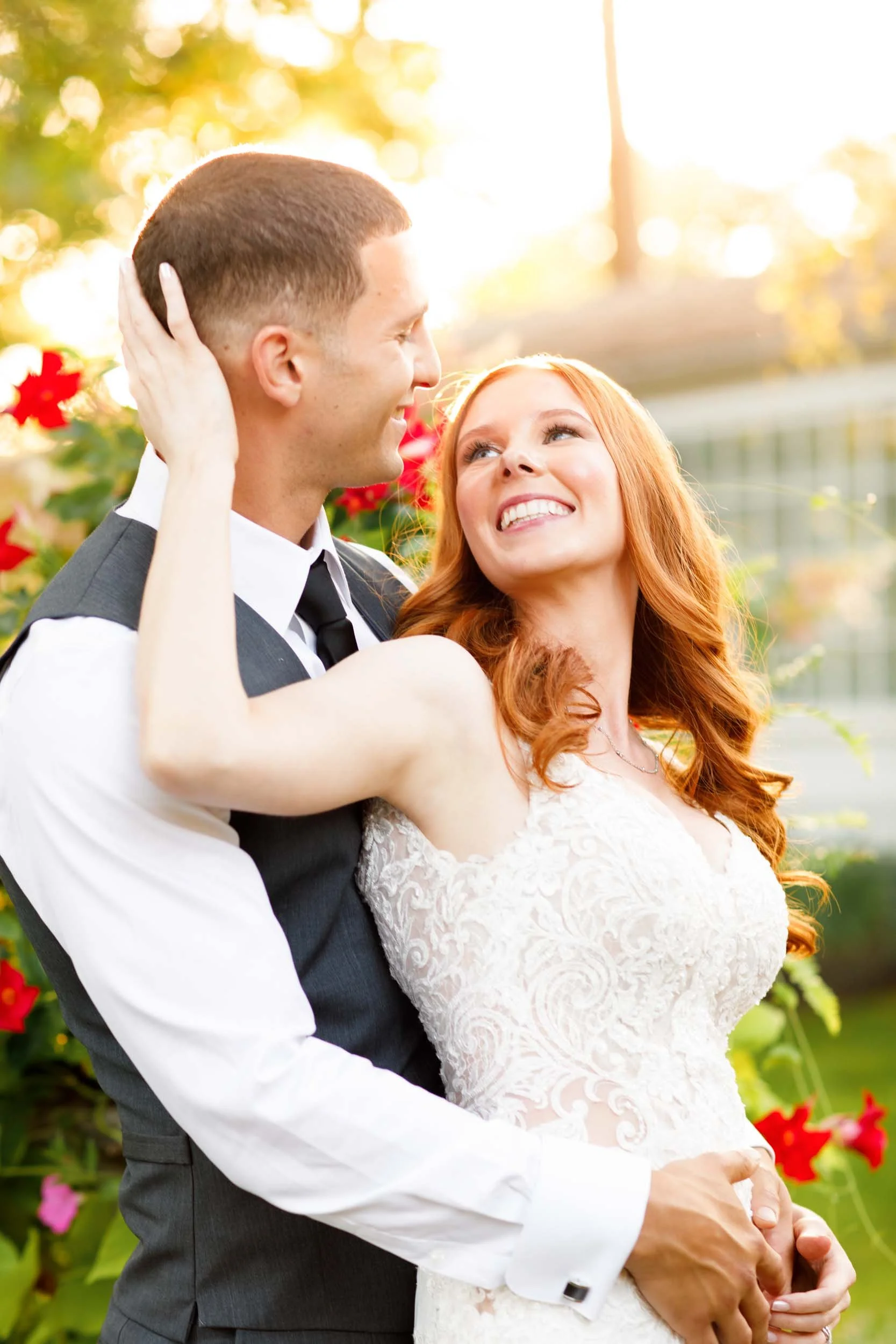 Bride touching groom’s face at The Doctor’s House in Kleinburg golden hour wedding