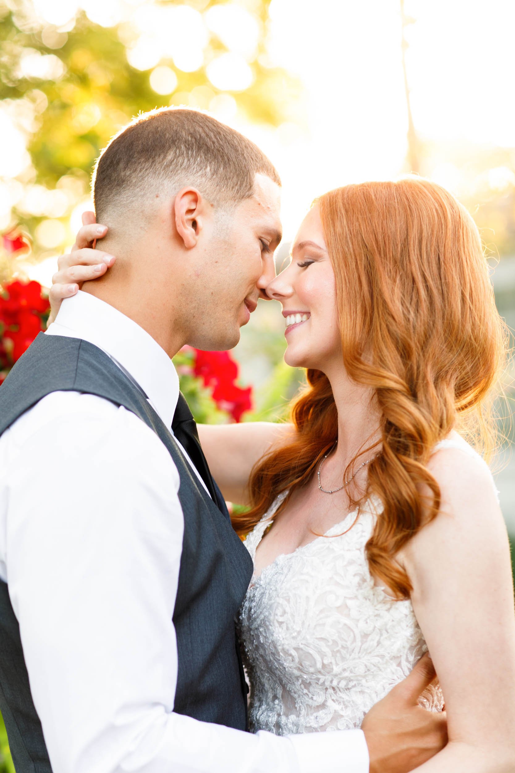 Bride and groom close together at The Doctor’s House in Kleinburg, Ontario