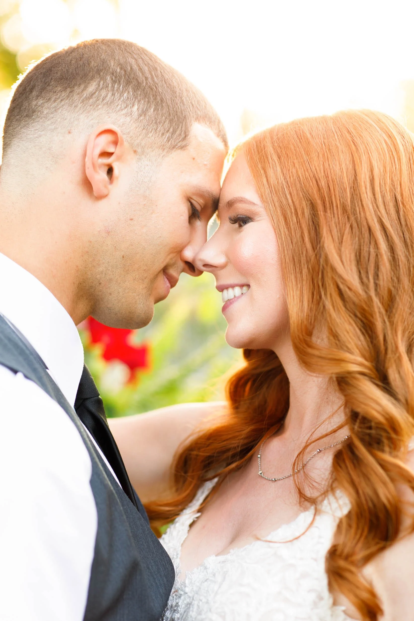 Bride and groom foreheads touching at The Doctor’s House in Kleinburg golden hour