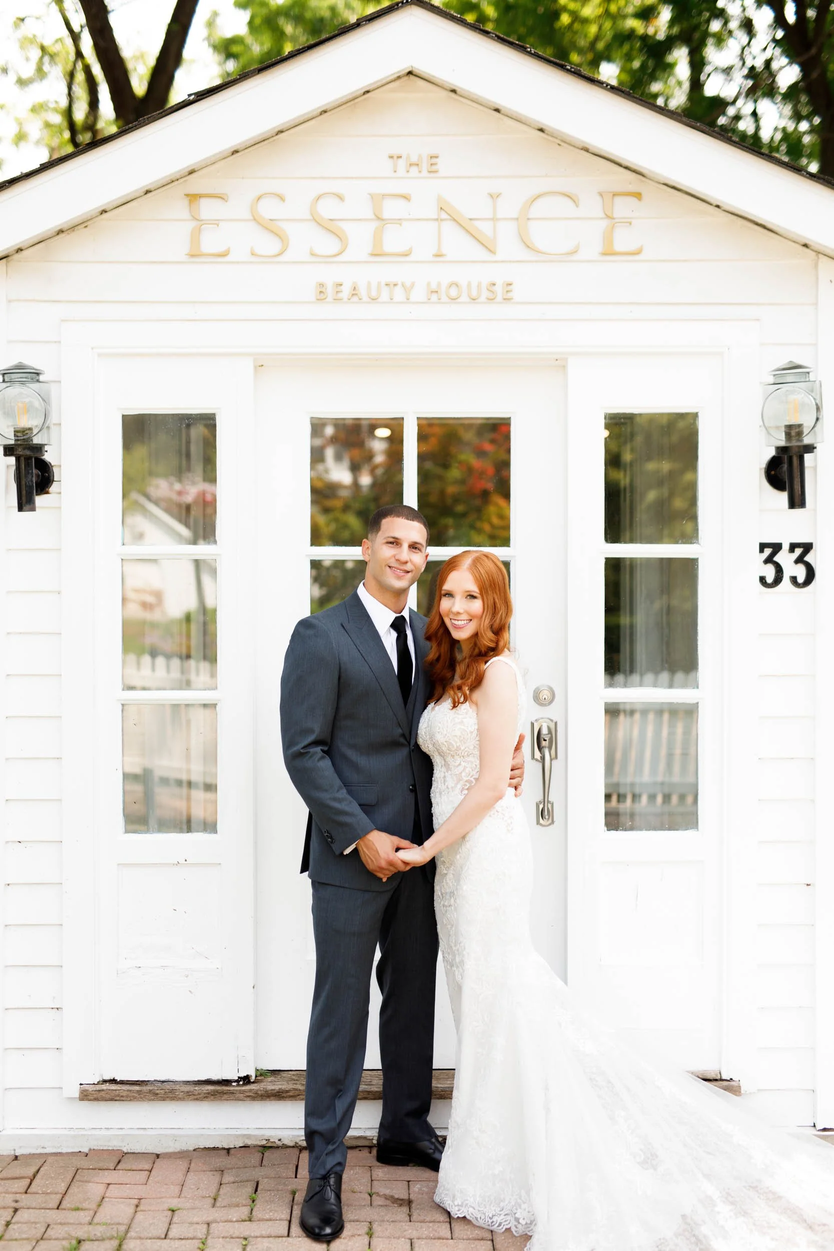 Bride and groom portrait outside Essence at The Doctor’s House in Kleinburg, Ontario