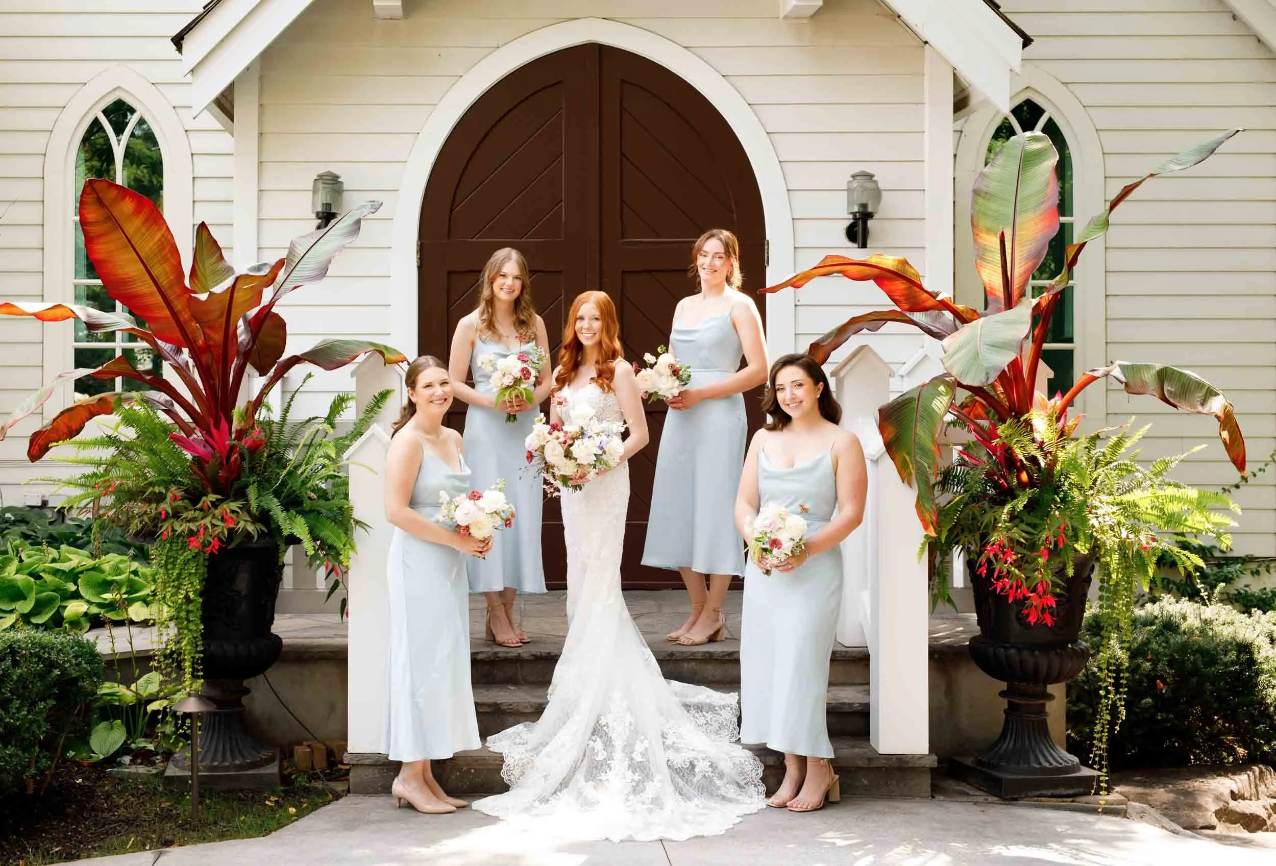 Bridesmaids and bride at chapel at The Doctor’s House in Kleinburg wedding