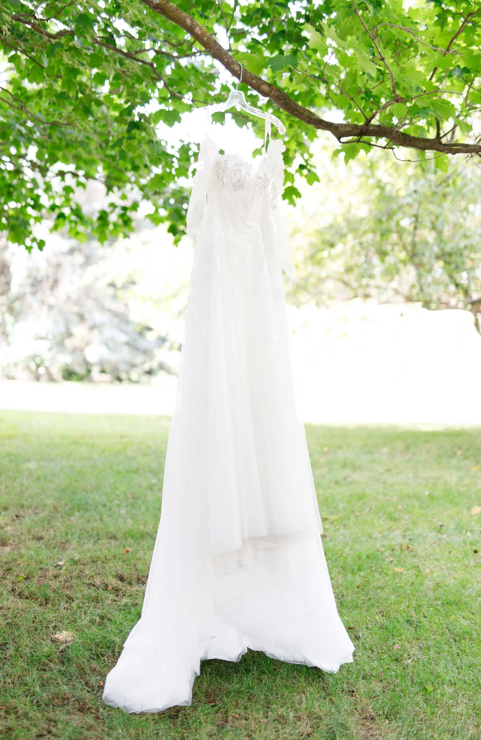 Bride’s wedding dress hanging from a tree at a Cambium Farms wedding in Alton, Ontario
