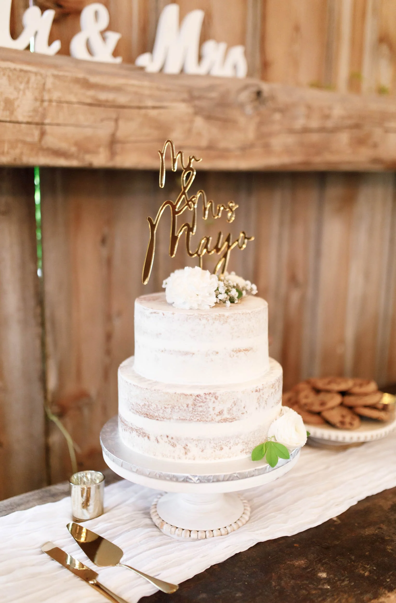 Wedding cake displayed inside the Cambium Farms barn in Alton, Ontario