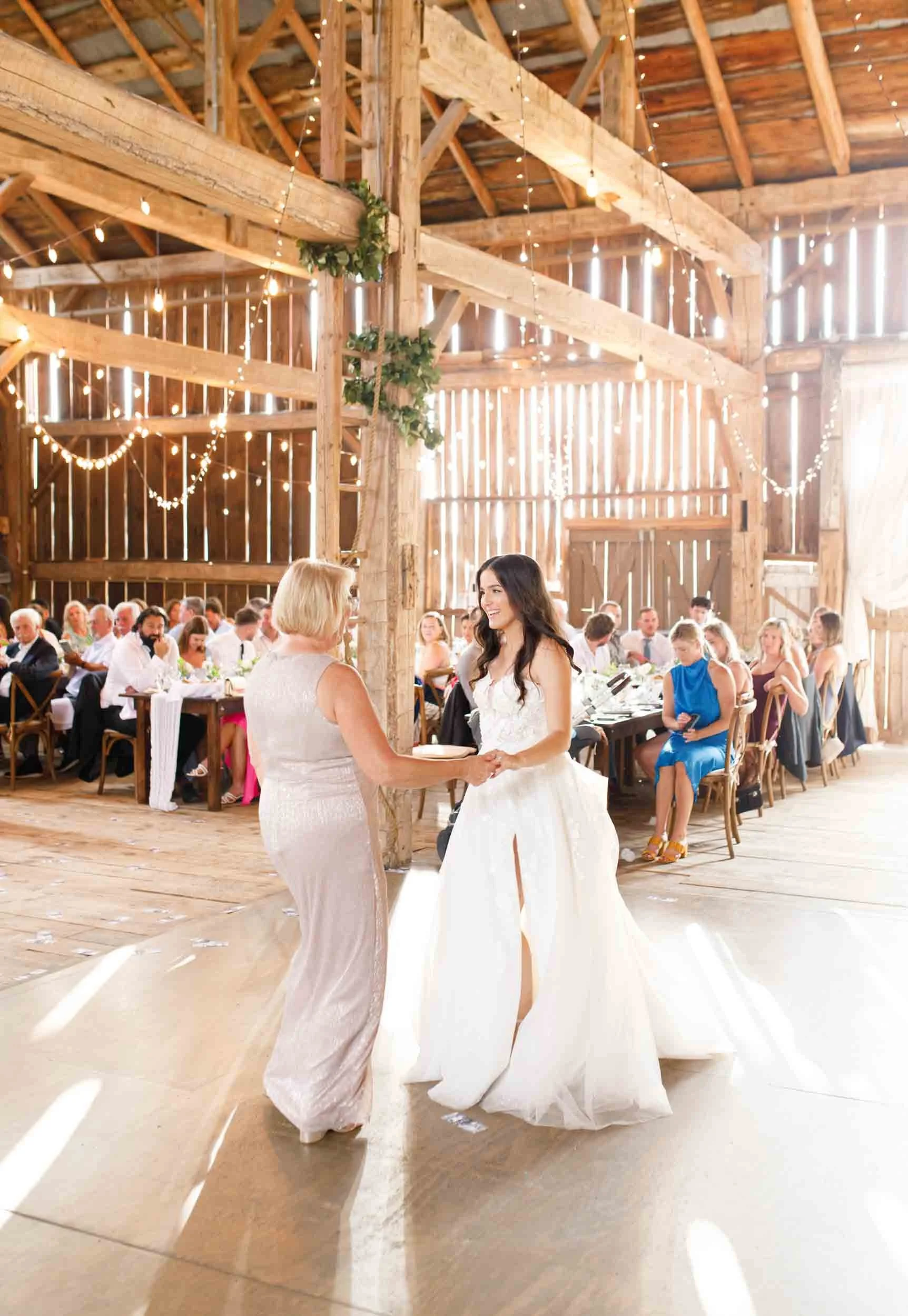Wide view of the parent dance at a Cambium Farms wedding in Alton, Ontario